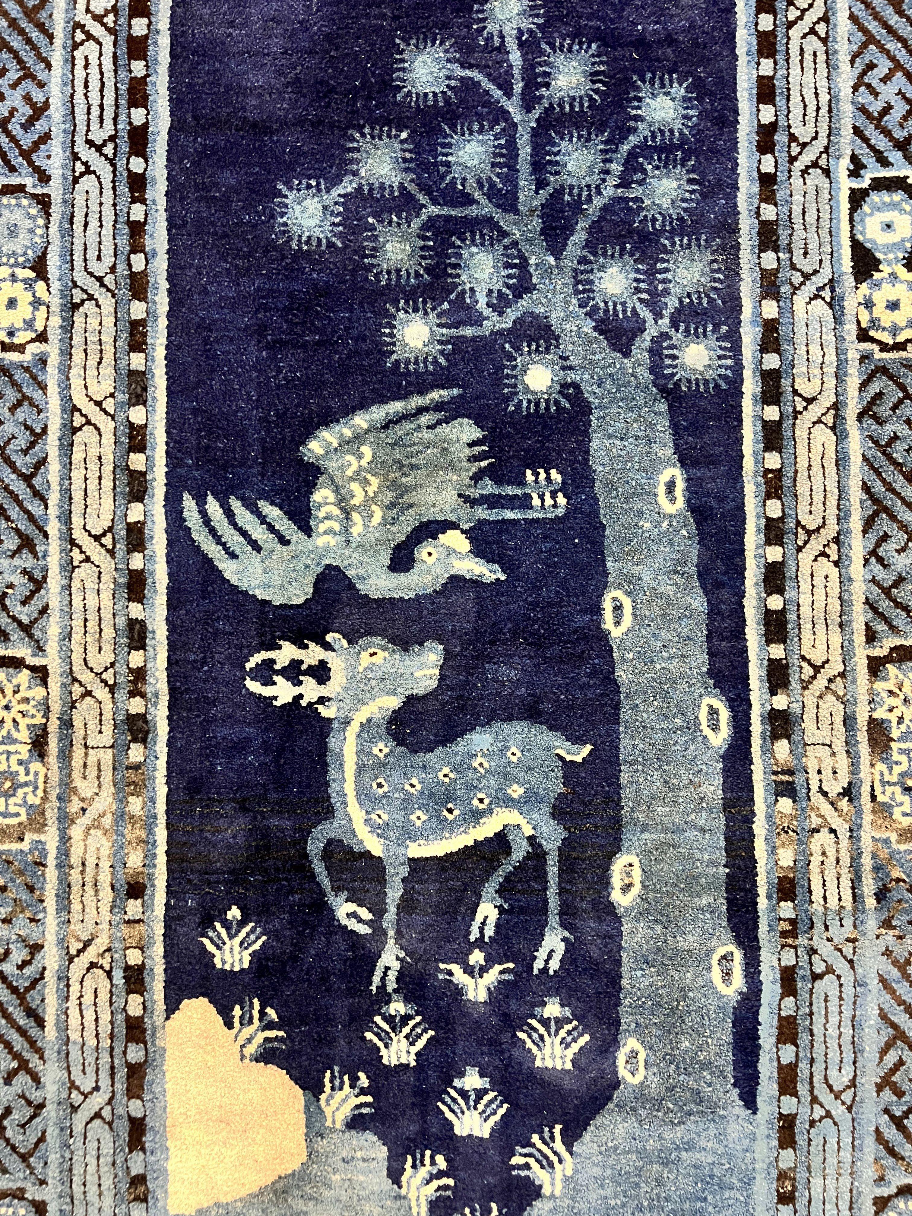Antique Chinese Peking Rug 3x5, Dark Blue Chinese Wool Rug 3 x 5, Animal Pictorials Deer Birds, Handmade Asian Oriental Chinese Carpet