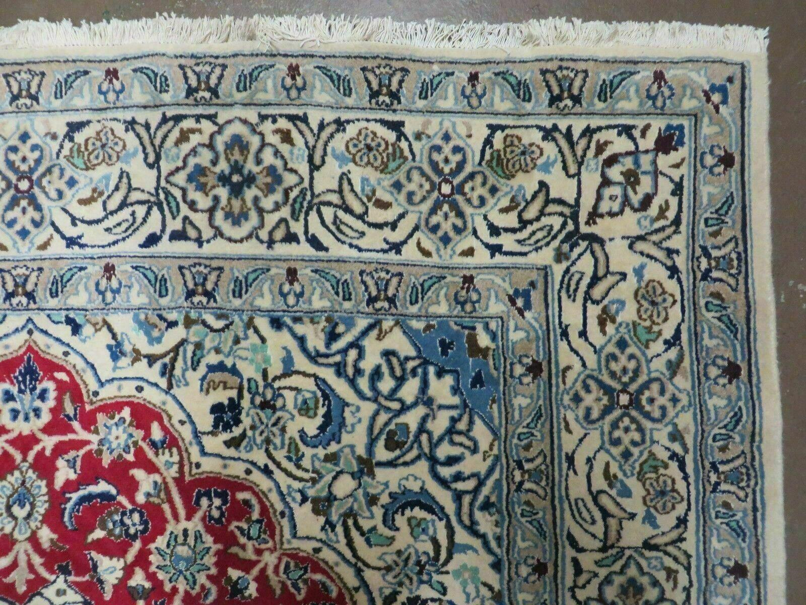 Square Persian Nain Rug 6'3" x 6' 8", Hand-Knotted, Wool with Silk Accents, Ivory Red Blue