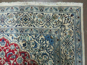Square Persian Nain Rug 6'3" x 6' 8", Hand-Knotted, Wool with Silk Accents, Ivory Red Blue