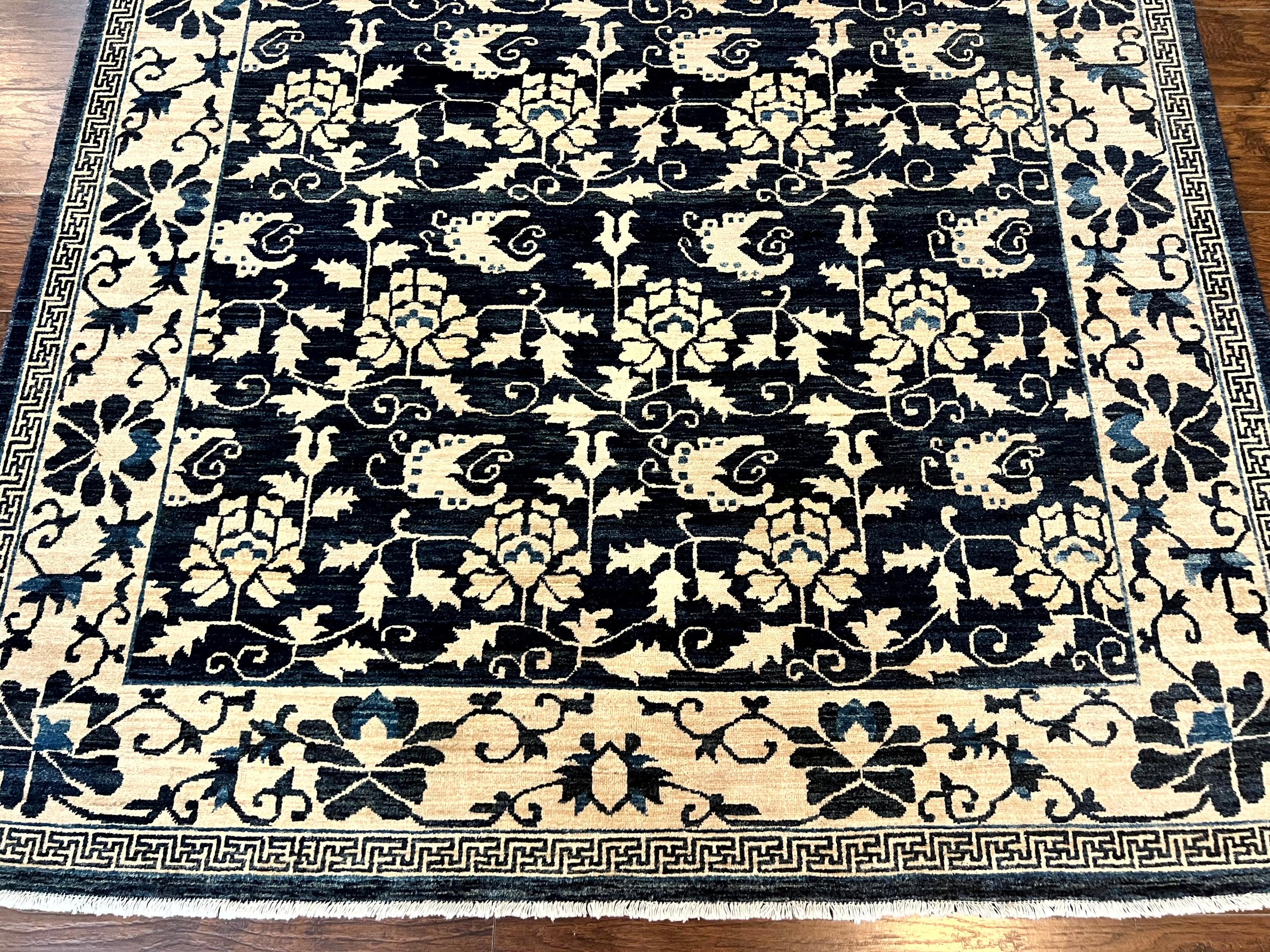 Sino Persian Rug 6x9, Hand Knotted Wool Carpet, Floral Allover, Blue Cream-Tan