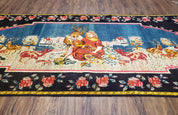 Antique Persian Pictorial Rug 4'6" x 9', Wool Hand-Knotted Blue Roses Karabagh Caucasian Carpet, 1920s Girl Deer Tapestry Wall Hanging Rug