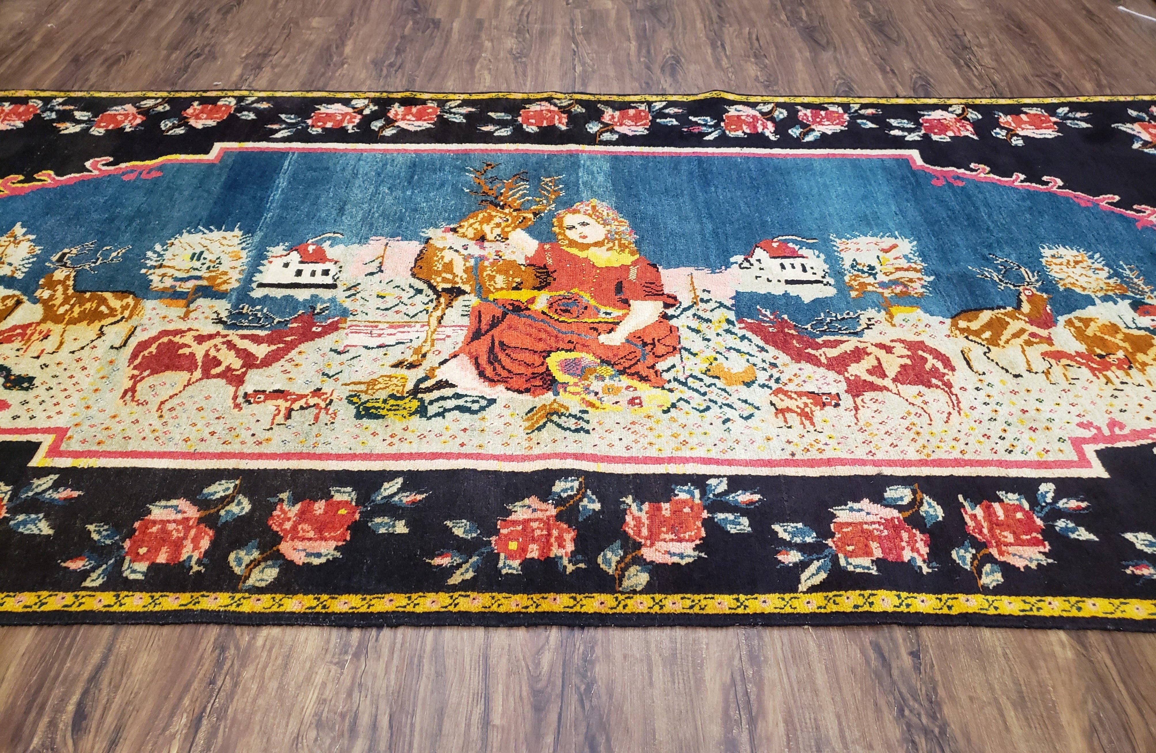 Antique Persian Pictorial Rug 4'6" x 9', Wool Hand-Knotted Blue Roses Karabagh Caucasian Carpet, 1920s Girl Deer Tapestry Wall Hanging Rug