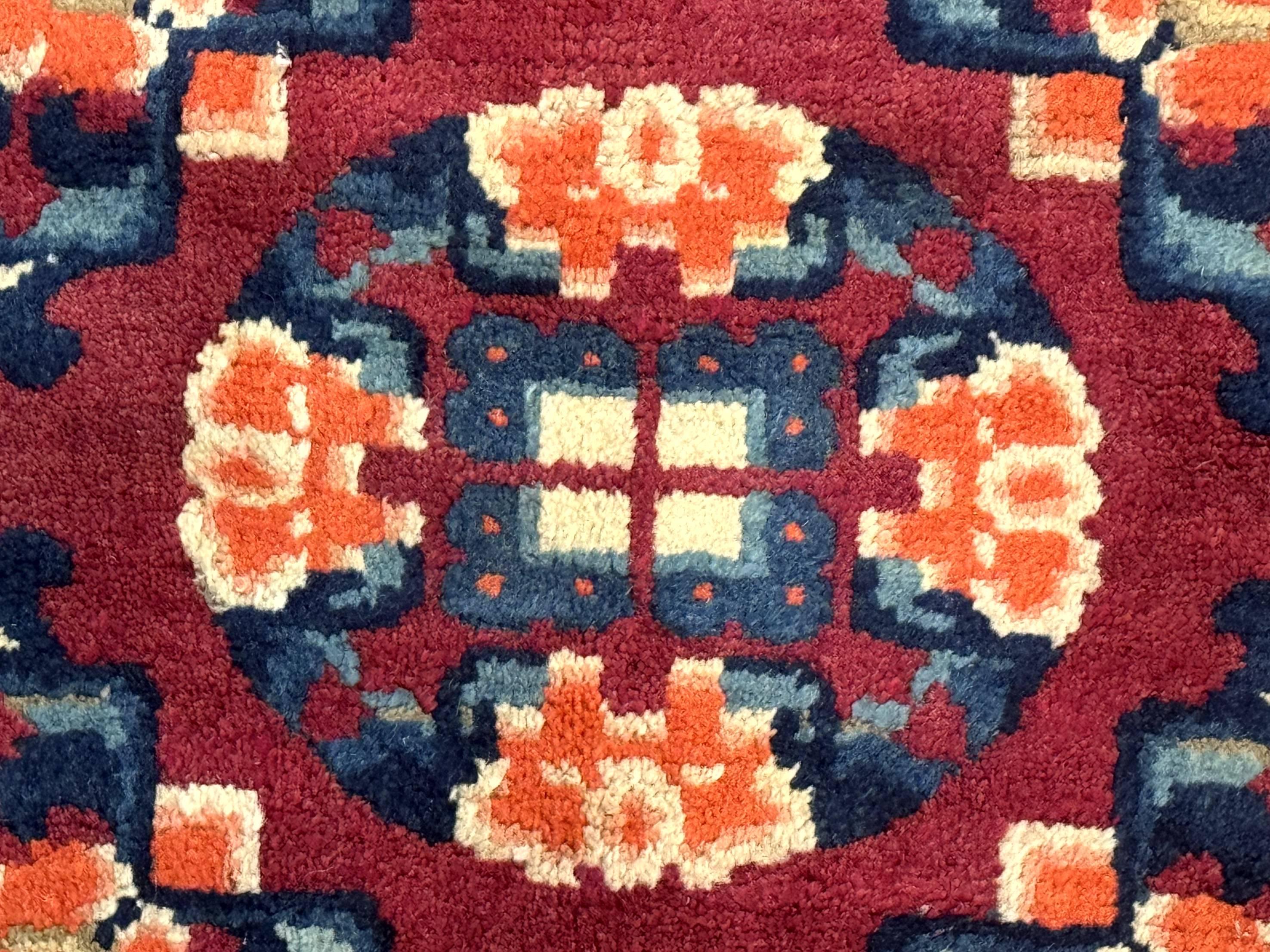 Small Antique Chinese Square Rug 2x3, Tibetan Rug, Red Orange Blue, 1920s Rug