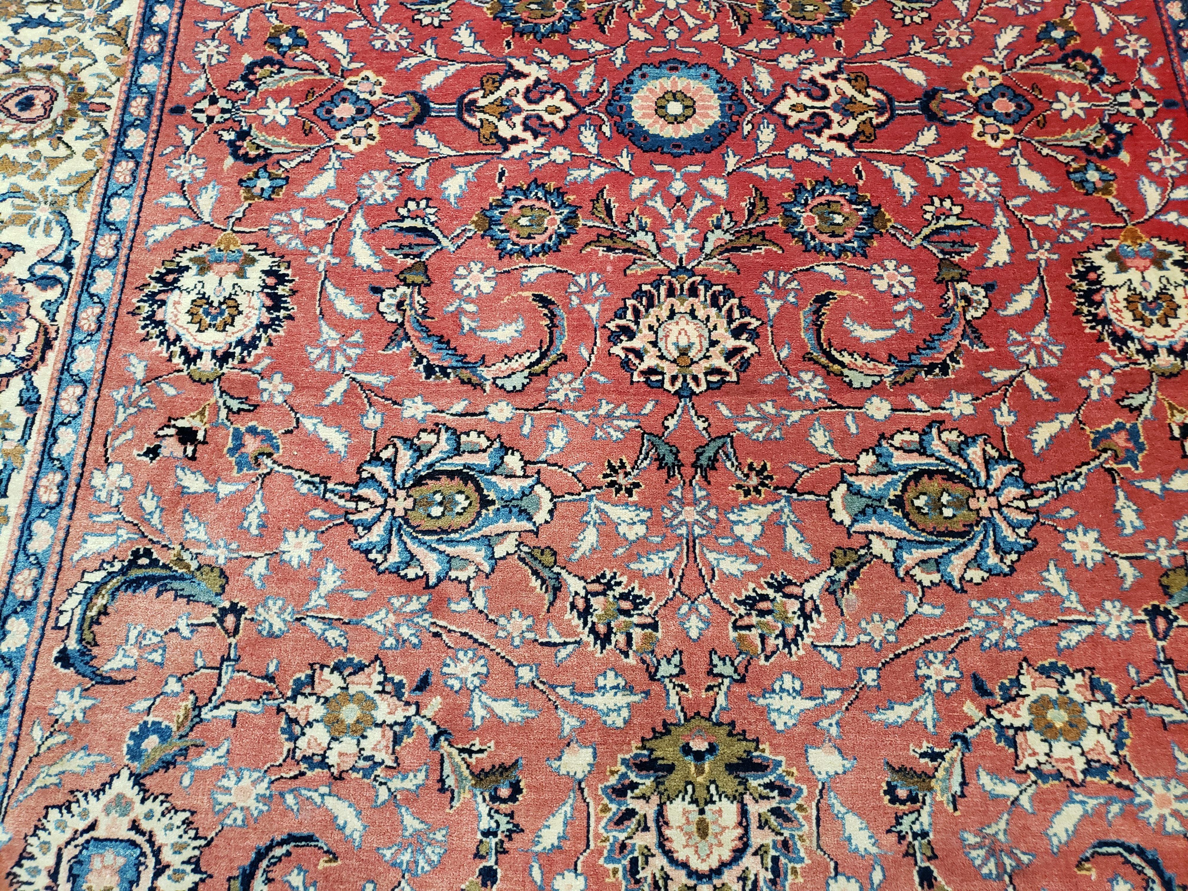 Semi Antique Persian Kashan, Red & Cream, Hand-Knotted, Wool, 4' 8" x 6' 6", Pair A