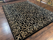 Tibetan Rug 8x10, Wool and Silk, Raised Pattern, Black and Gold, Floral