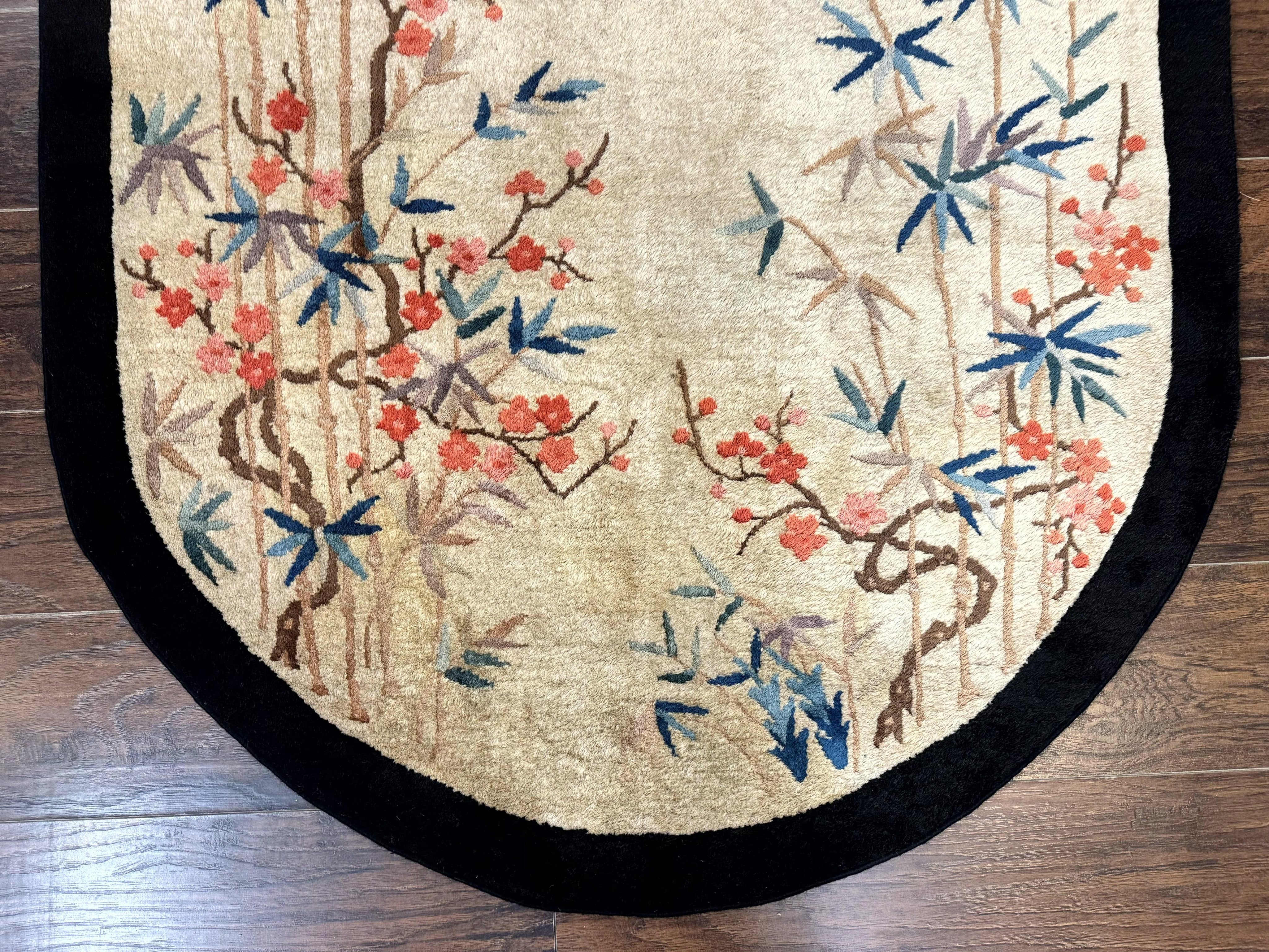 Antique Chinese Oval Rug 3.9 x 6.7, Floral, Butterflies, Chinese Wool Art Deco Peking Carpet, Beige, Handmade