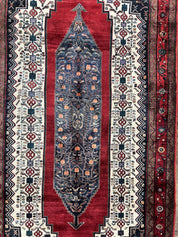 Persian Rug 5x12 ft, Red Cream Navy Blue, Pictorials, Hand Knotted Handmade Wide Runner Tribal Bidjar Semi Antique Wool Geometric Oriental Rug