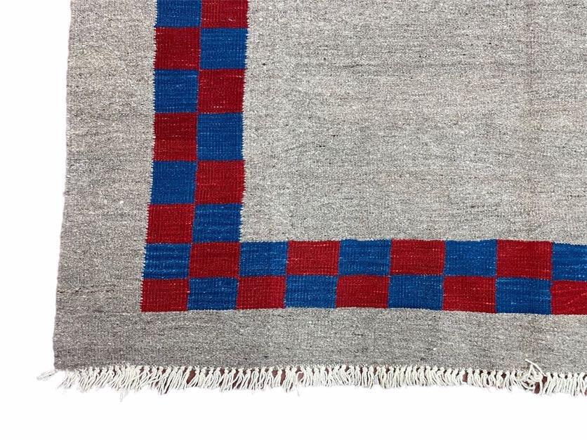 Gray Turkish Kilim Carpet 5' 7" x 7' 7", Medium Kilim Rug, Hand-Knotted, Blue & Red Border, Minimalistic Design, Geometric, Wool, New