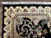 Aubusson Rug 9x12, Black and Beige, Floral, Elegant Handmade French European Design Carpet