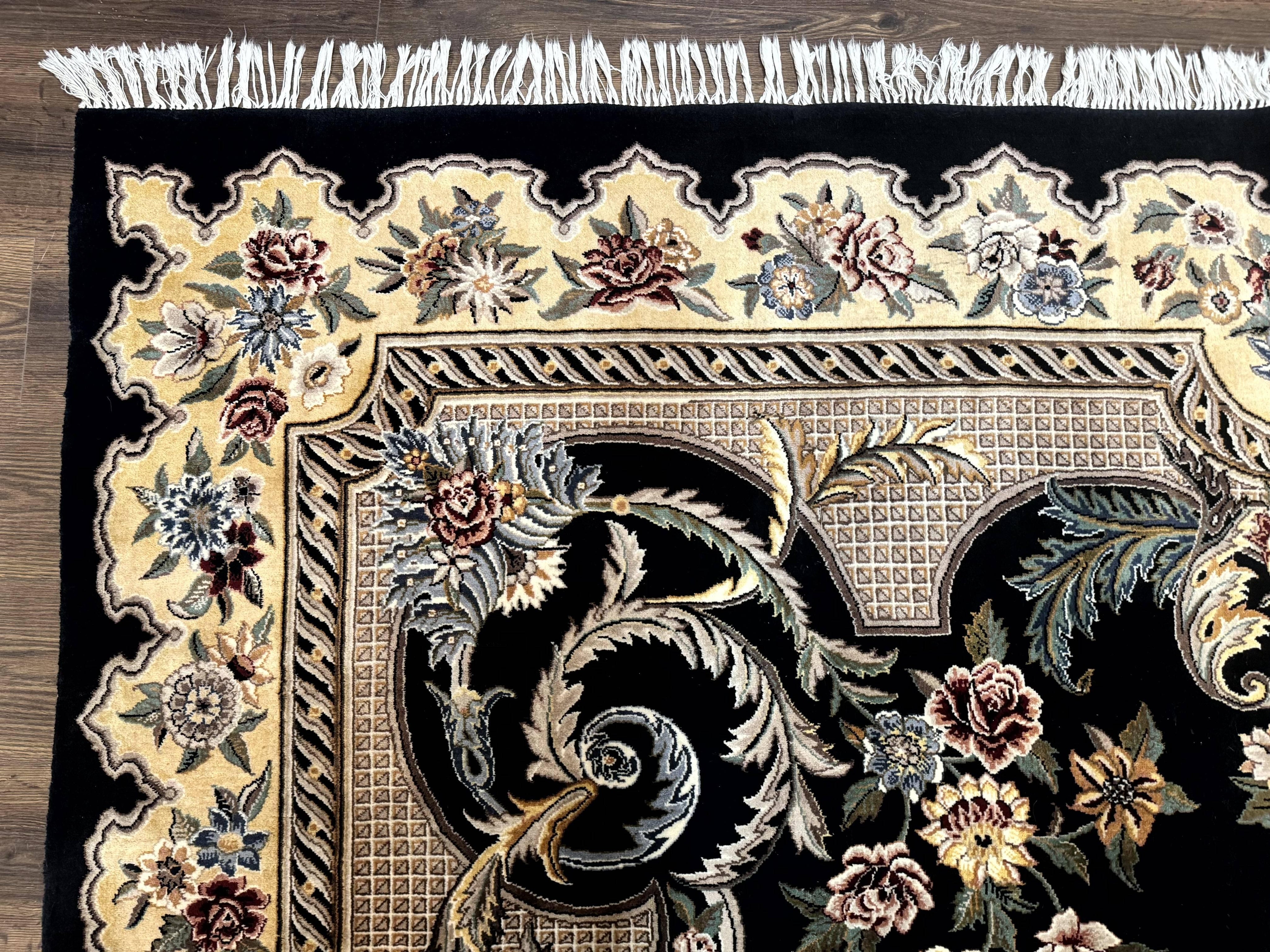 Aubusson Rug 9x12, Black and Beige, Floral, Elegant Handmade French European Design Carpet