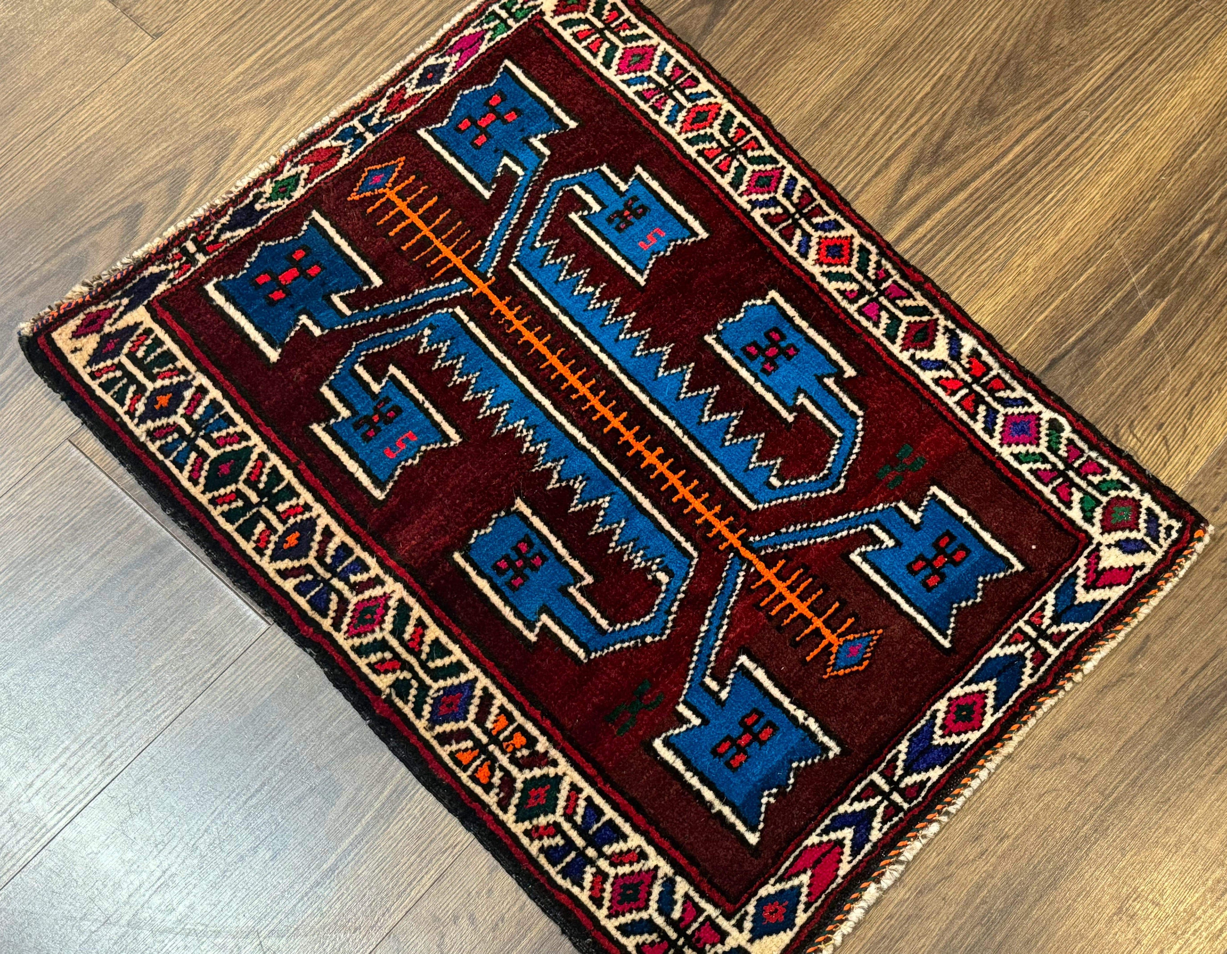 Persian Tribal Rug 1.8 x 2, Small Balouchi Rug, Unique Design, Burgundy and Blue