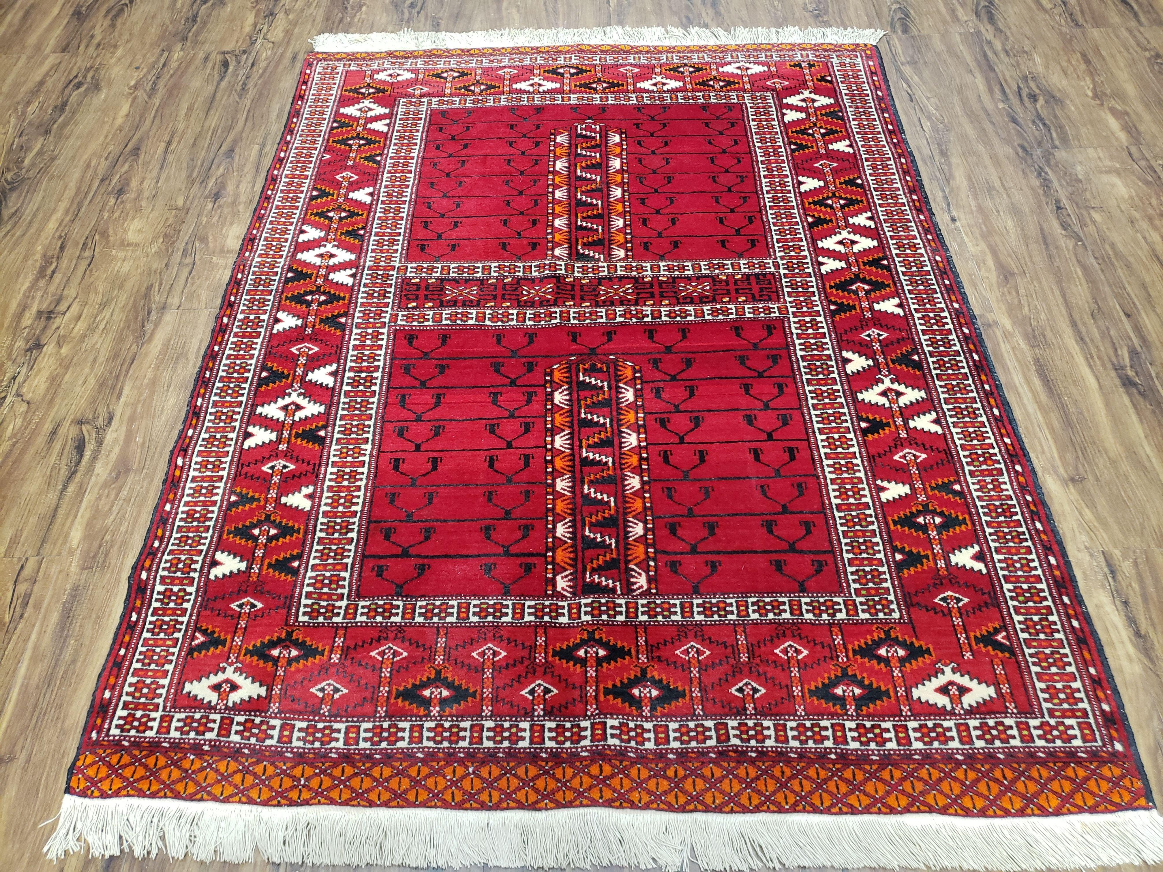 Antique Persian Turkoman Rug 4x5, Hatchli Tekkeh Ersari Red Tribal Rug, Handmade Wool Oriental Carpet, Four Seasons Rug