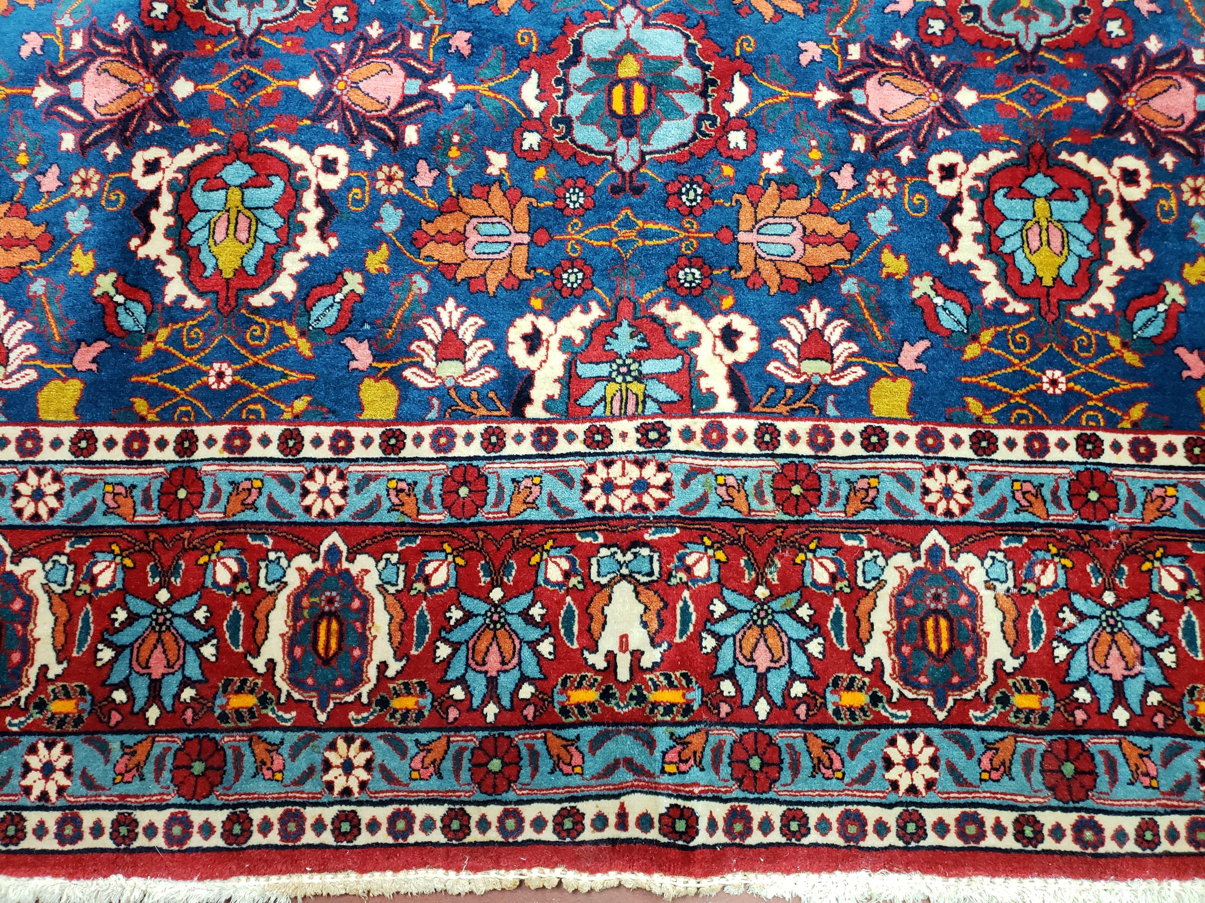 Rare Antique Persian Veramin Carpet, Mina-Khani Pattern, Blue, Red, Ivory, 7x11 ft, Hand-Knotted, Wool