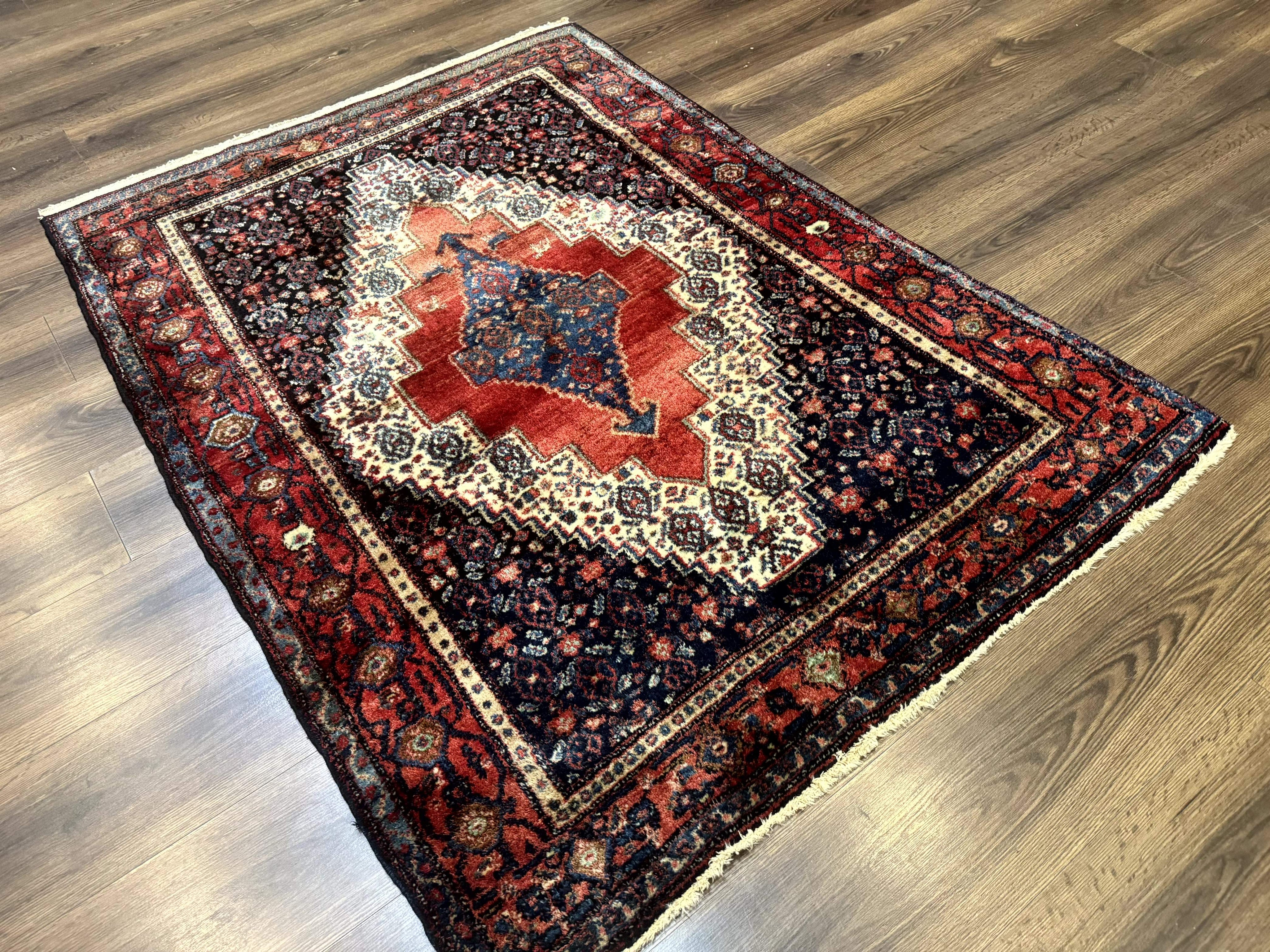 Antique Persian Kurdish Senneh Rug 4x5 Tribal Carpet Wool Geometric Medallion