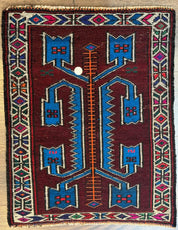Persian Tribal Rug 1.8 x 2, Small Balouchi Rug, Unique Design, Burgundy and Blue