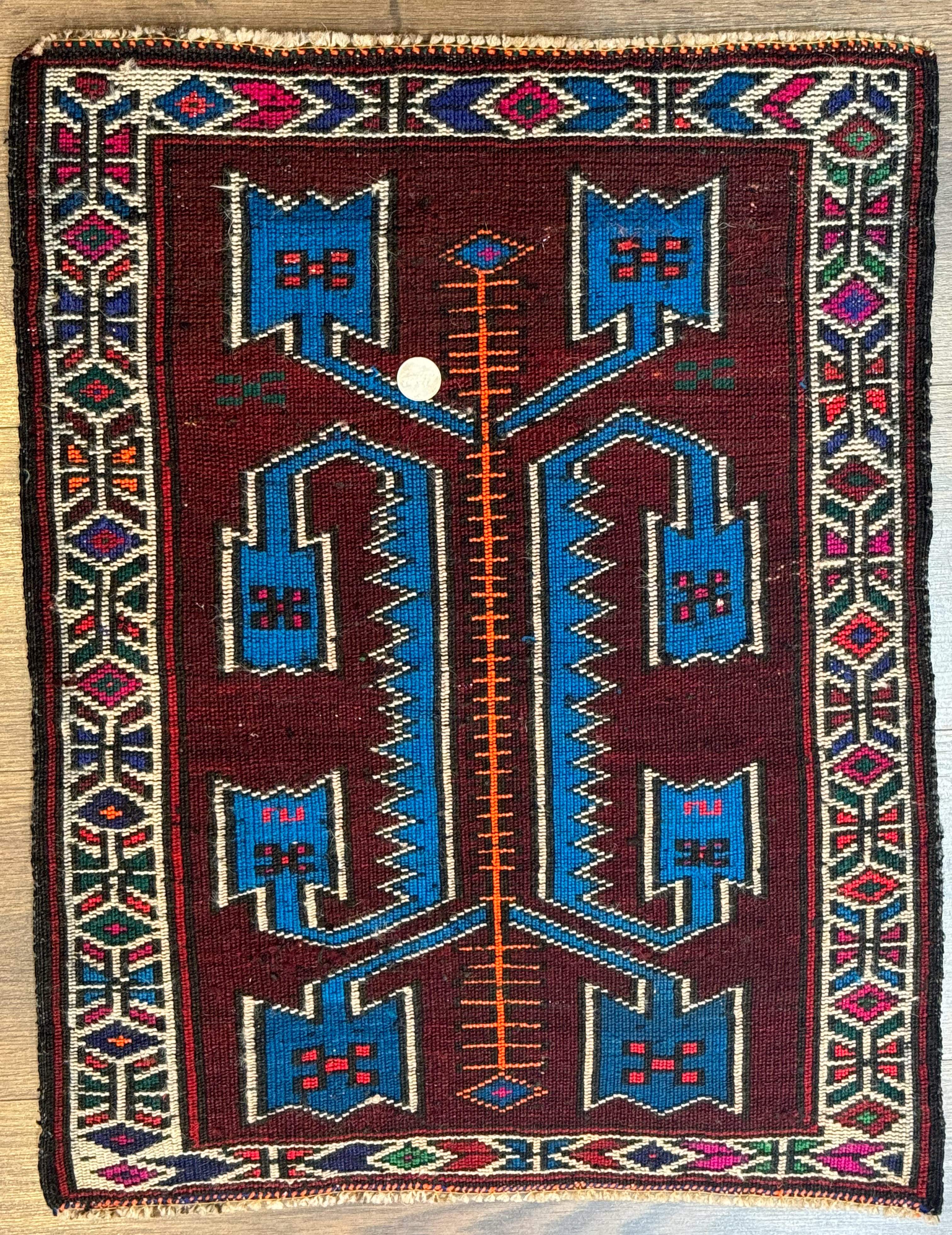 Persian Tribal Rug 1.8 x 2, Small Balouchi Rug, Unique Design, Burgundy and Blue