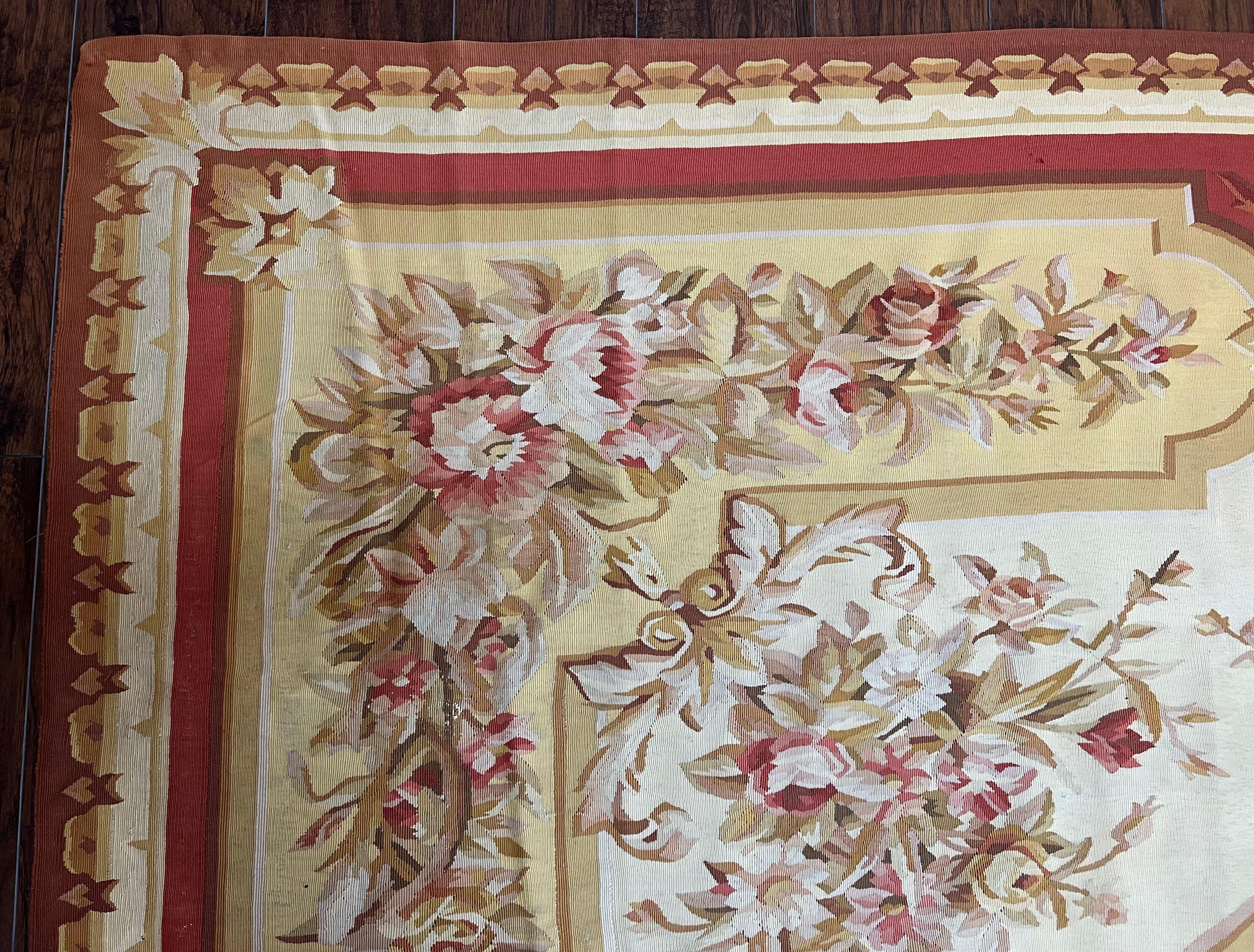 Aubusson Rug 9x12, Elegant Flatweave Savonnerie Carpet 9 x 12 ft, Ivory Light Yellow Red, Handmade Wool Flatweave French European Rug