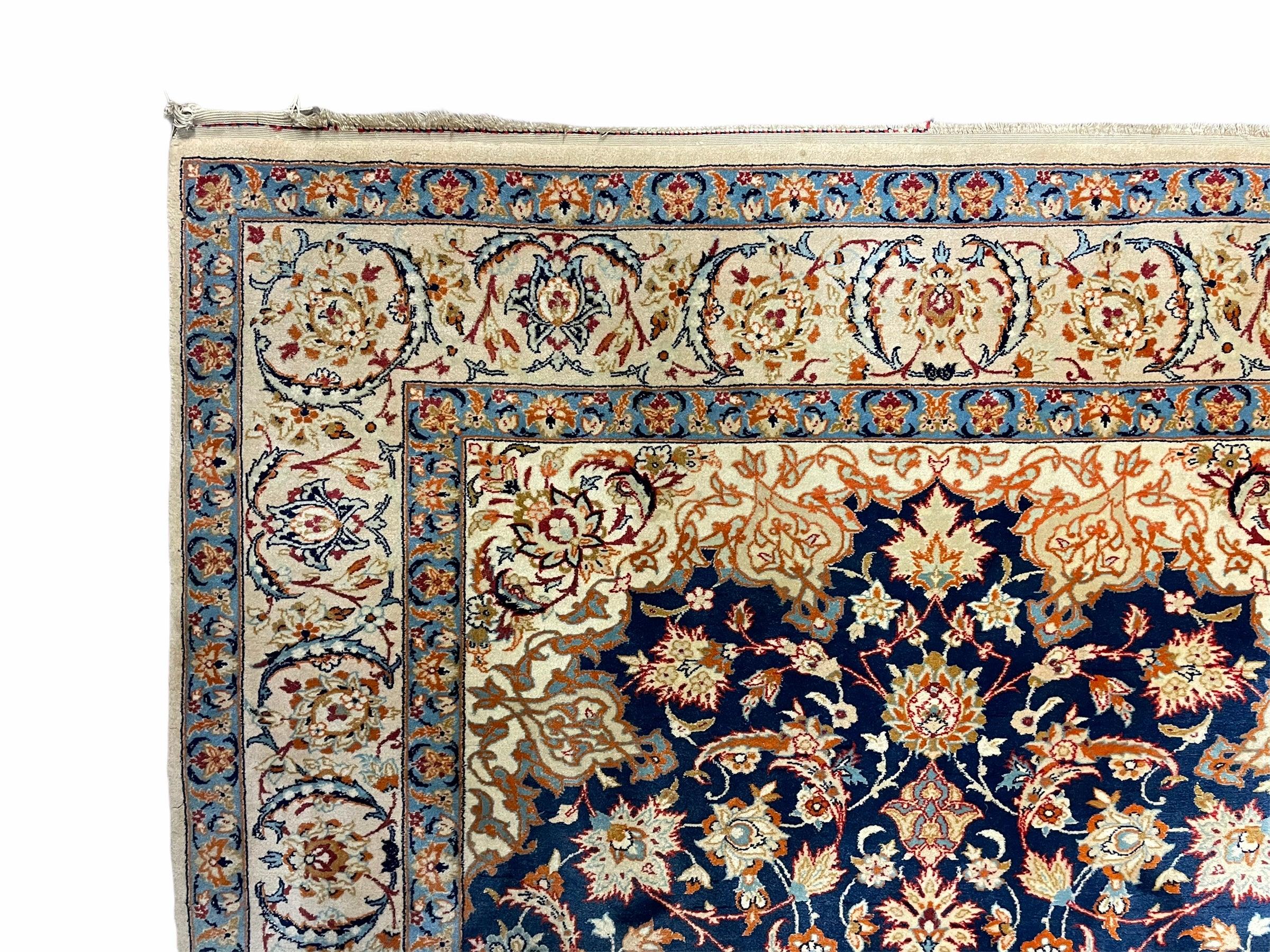 Persian Isfahan Rug 4x5, Navy Blue & Ivory, Wool and Silk Highlights