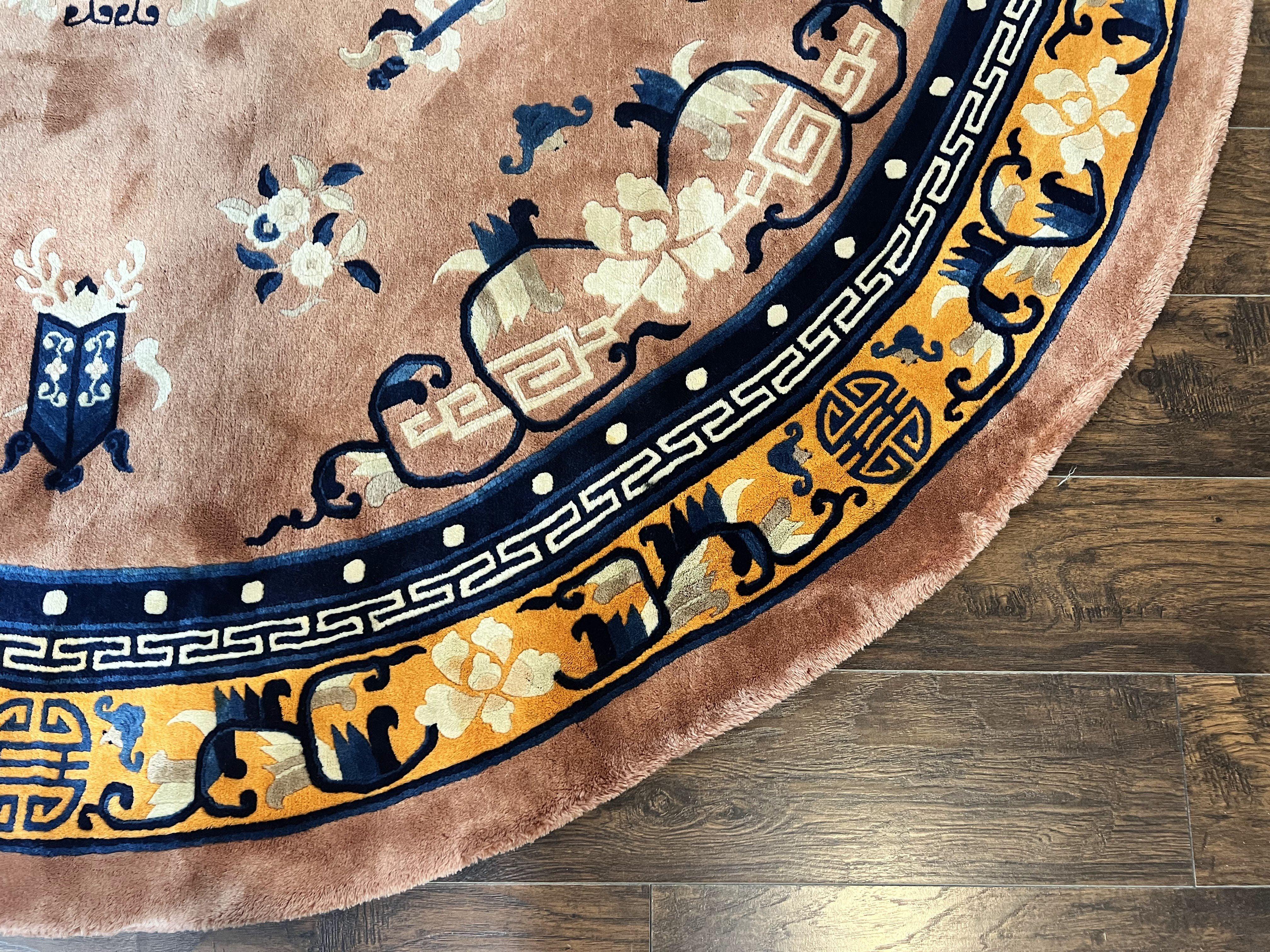 Antique Round Chinese Wool Rug 8x8, Chinese Peking Carpet, Asian Oriental Carpet 8 x 8 ft, Chinese Art Deco Rug, Nichols Rug