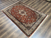 Persian Qum Silk Rug 5x7 - Floral Medallion, Birds, Orange-Red