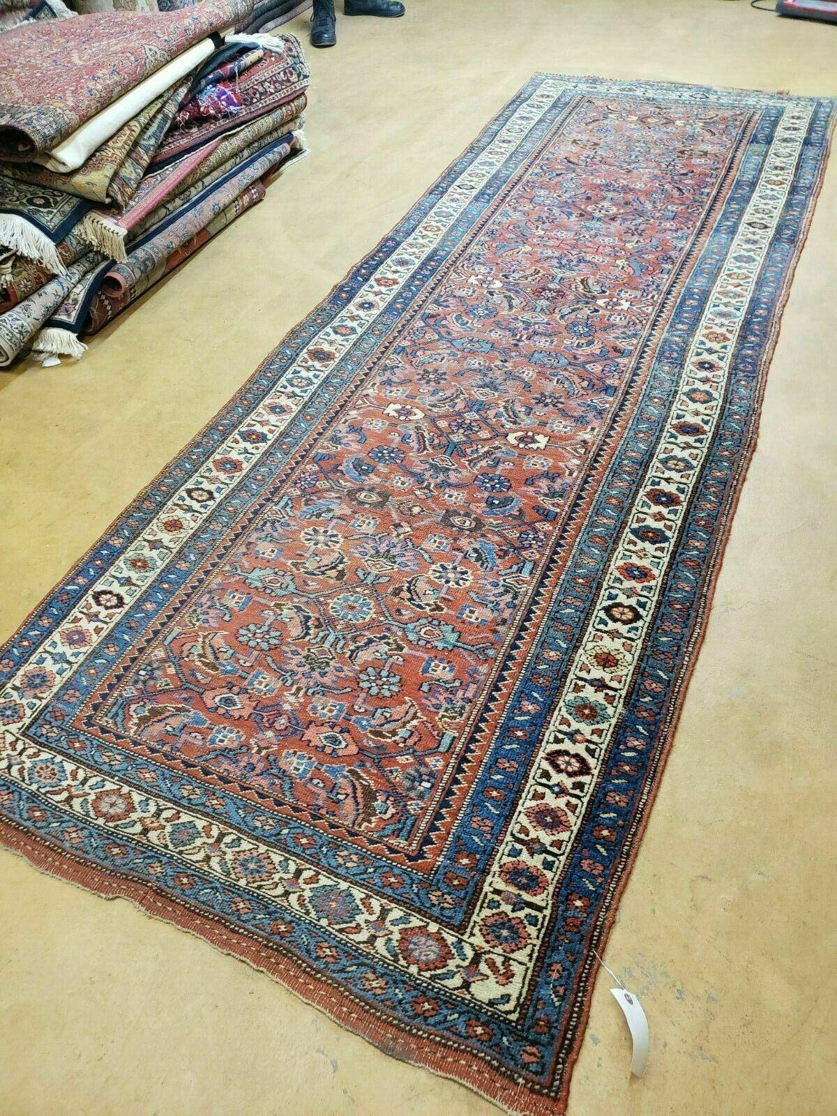 3' 8" X 11' Antique Handmade Turkish Wool Rug Veg Dye Runner Nice Rusted Red