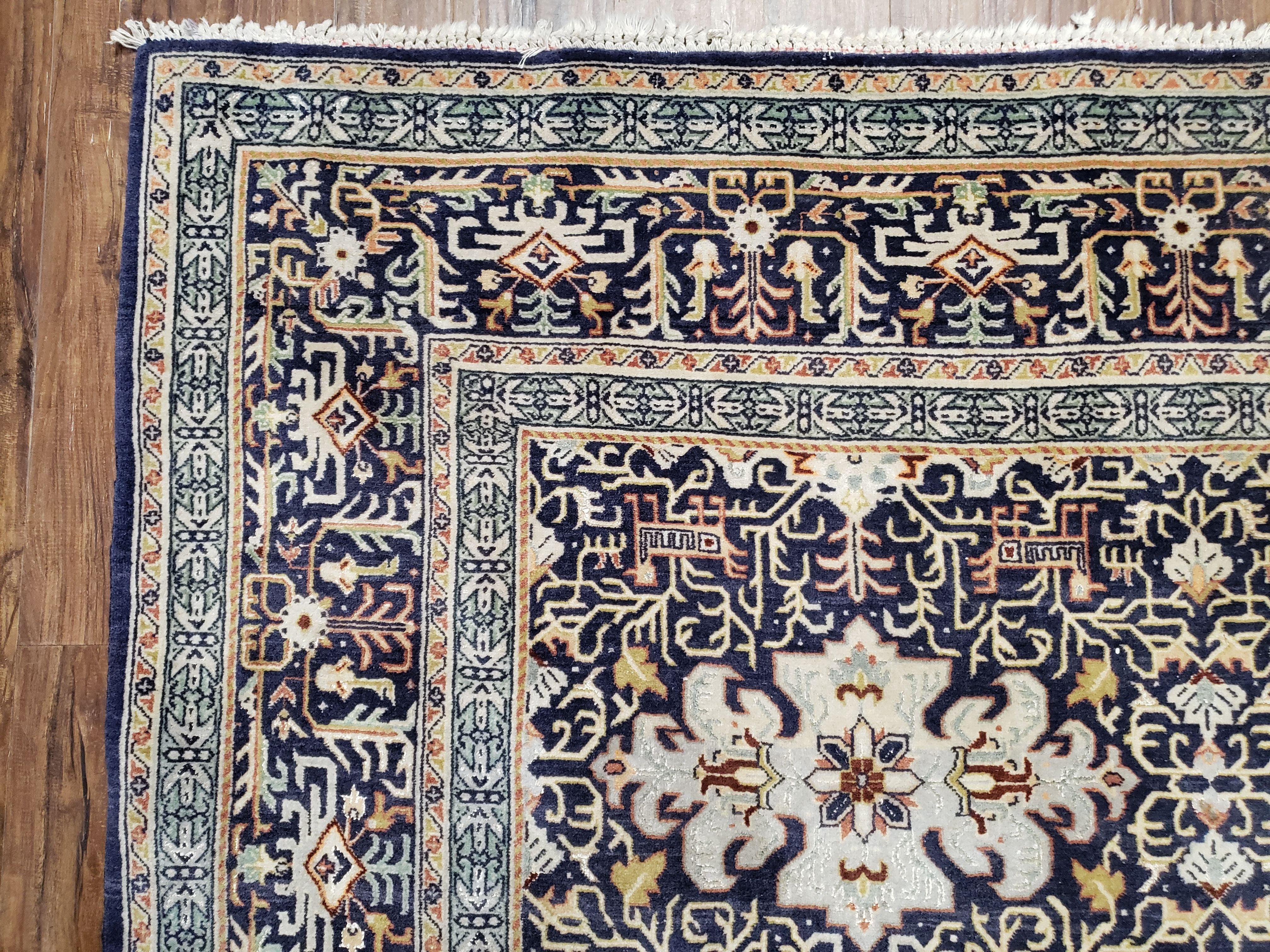 Persian Kashan Rug, Navy Blue, Hand-Knotted, Wool, 4' 8" x 7' 4", Pair A