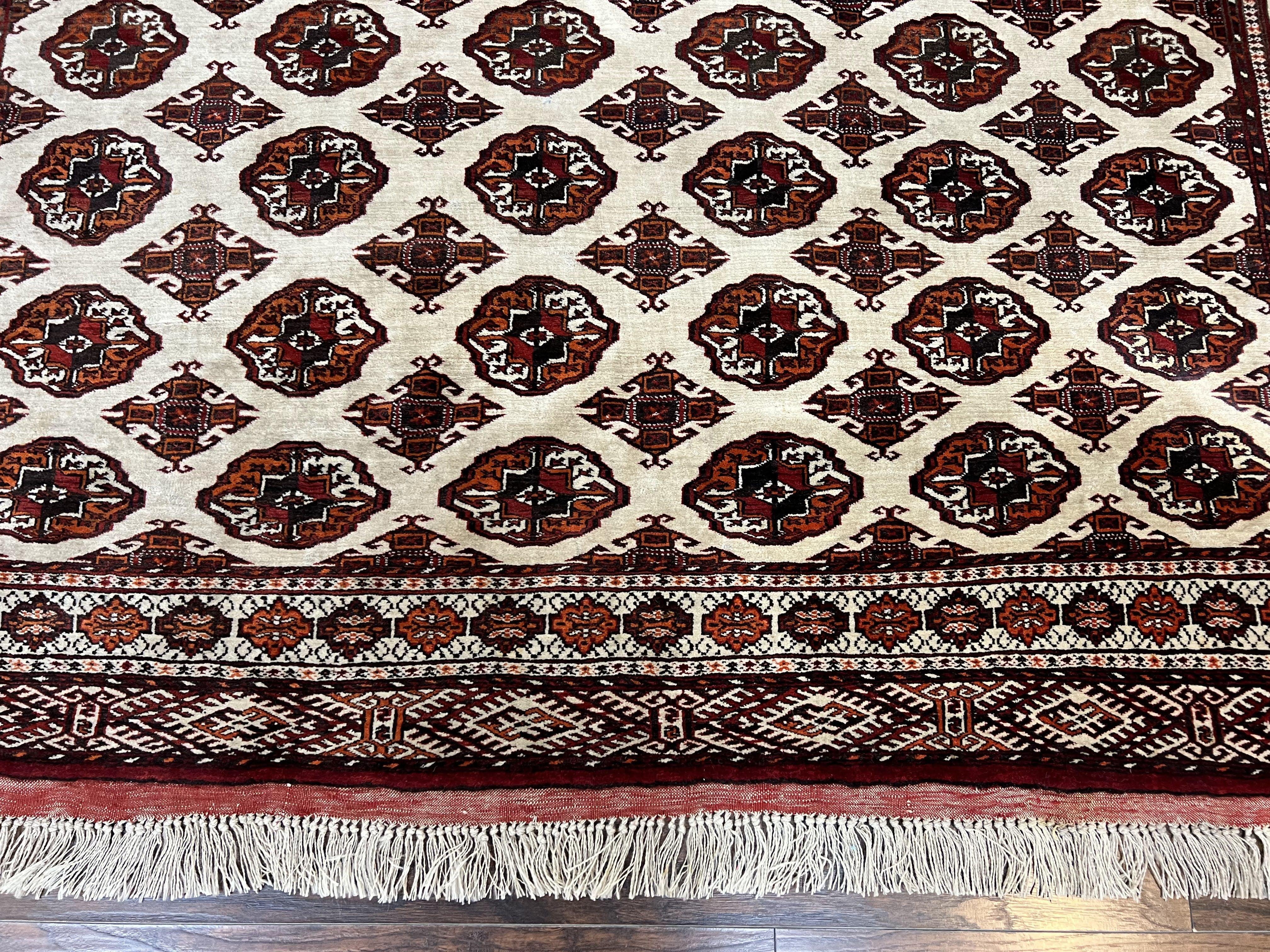 Persian Turkoman Rug 7x8, Almost Square Rare, Hand Knotted, Yamud, Bohemian Rug, Handmade Tribal Rug, Cream Red, Handmade Oriental Carpet