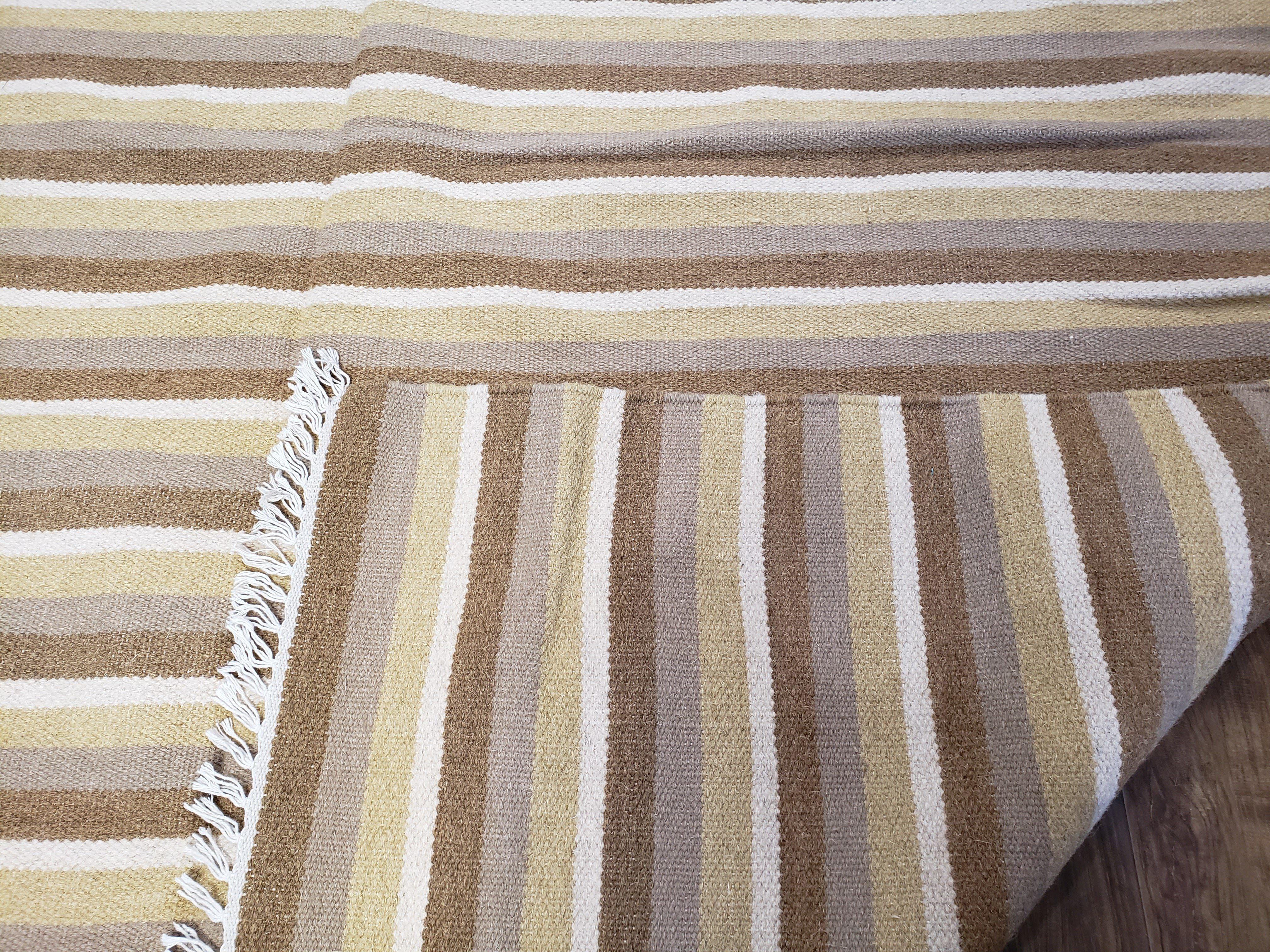 Indian Striped Blanket 6x9, Large Indo Kilim Area Rug, Earthern Tones Woolen Hand-Woven Flatweave South American Style Queen Size Bedspread