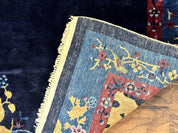 Antique Chinese Peking Rug 3x6, Dark Blue, Bird Motif, Handmade Wool Art Deco Asian Oriental Carpet, Pair B