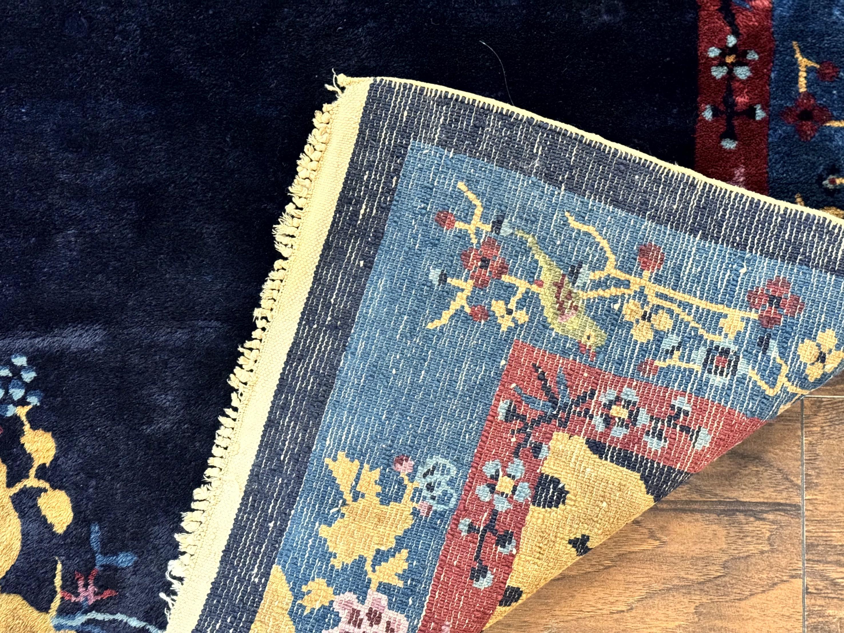 Antique Chinese Peking Rug 3x6, Dark Blue, Bird Motif, Handmade Wool Art Deco Asian Oriental Carpet, Pair B