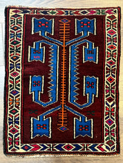 Persian Tribal Rug 1.8 x 2, Small Balouchi Rug, Unique Design, Burgundy and Blue