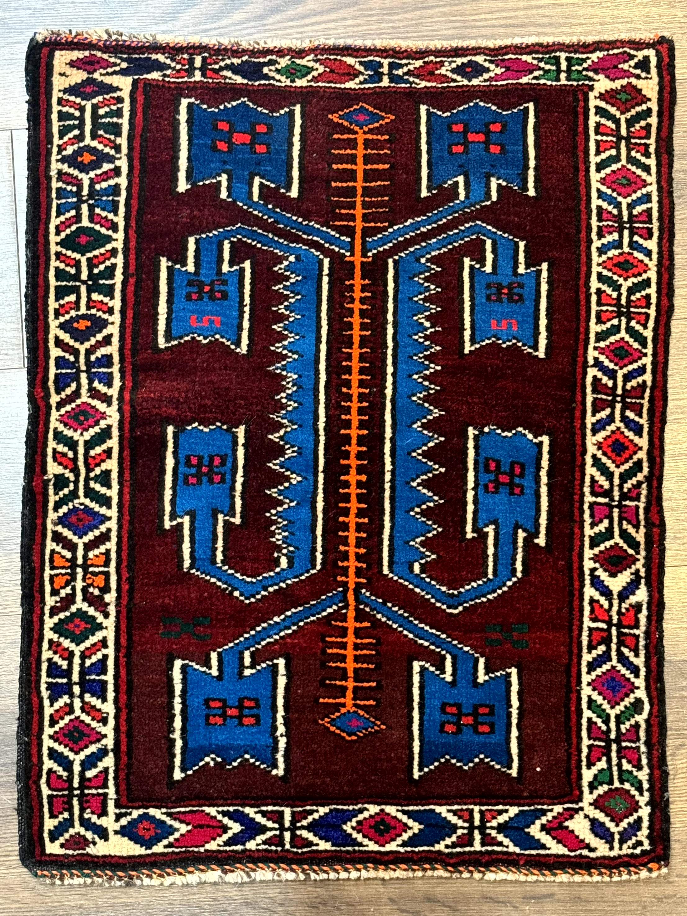 Persian Tribal Rug 1.8 x 2, Small Balouchi Rug, Unique Design, Burgundy and Blue