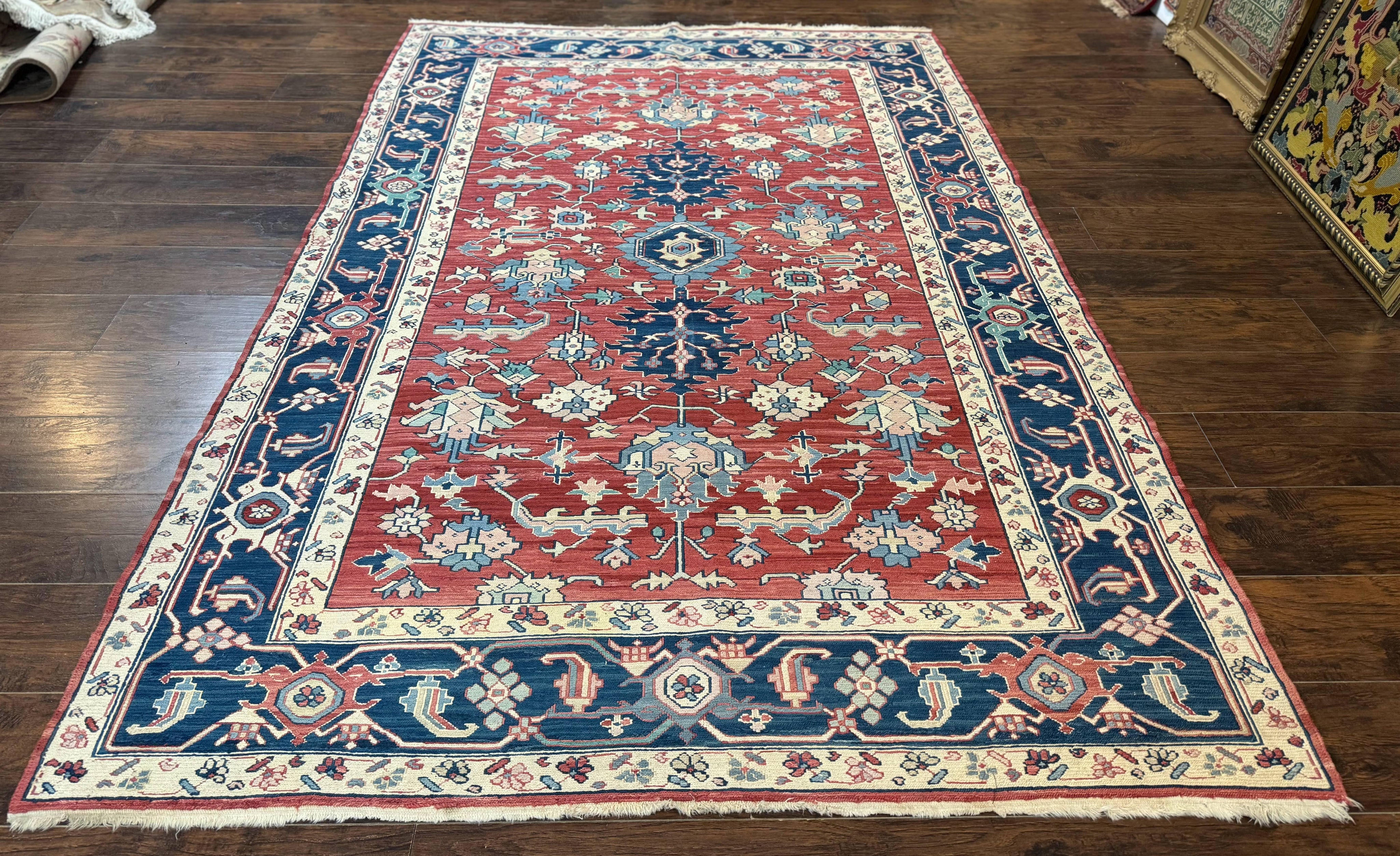 Turkish Flatweave Rug 6x9, Heriz Design, Red and Blue