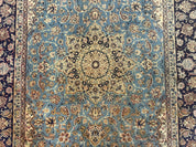 Light Blue Persian Isfahan Rug 5x8, Floral Medallion, Wool on Silk Foundation, Very Fine 530 KPSI, Handmade Carpet