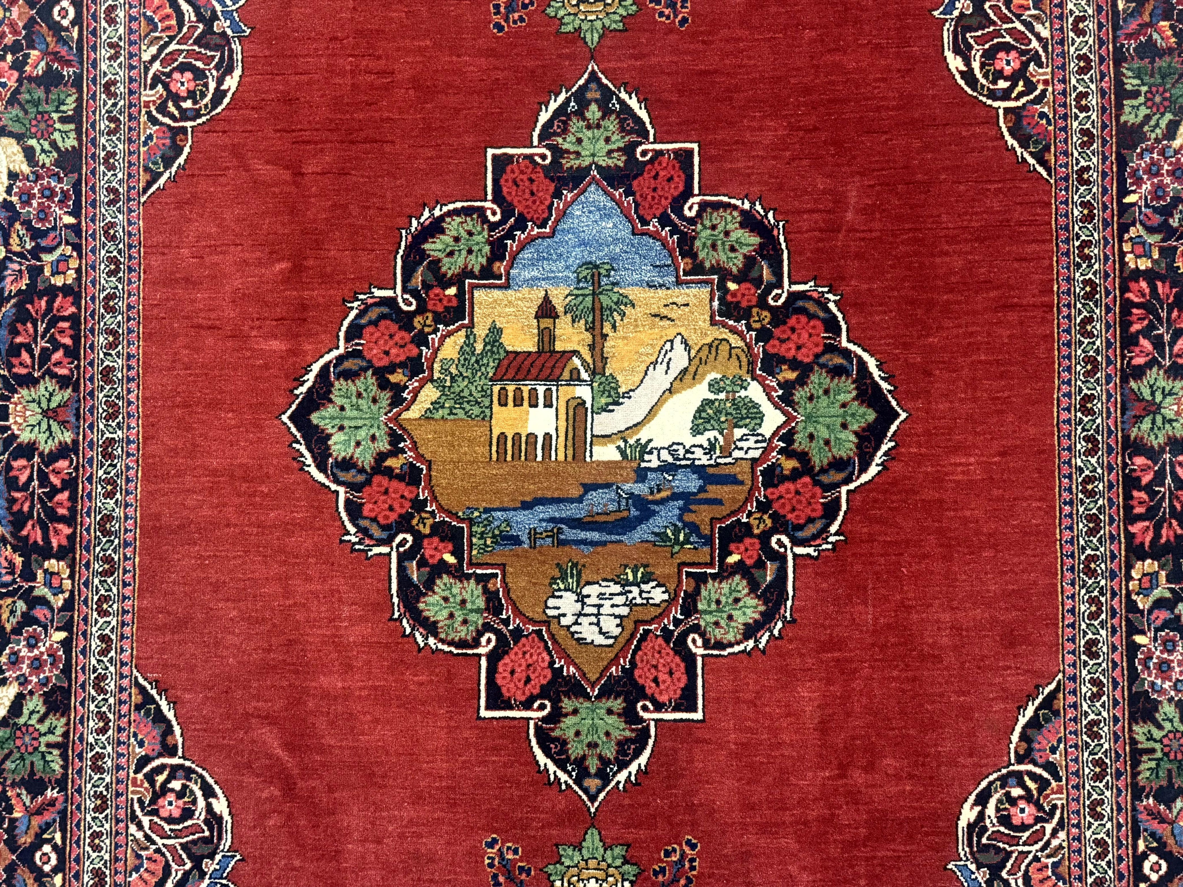 Red Persian Kashan Rug 4x6, Very Fine 260 KPSI, Red and Navy Blue Persian Carpet, Semi Open Field