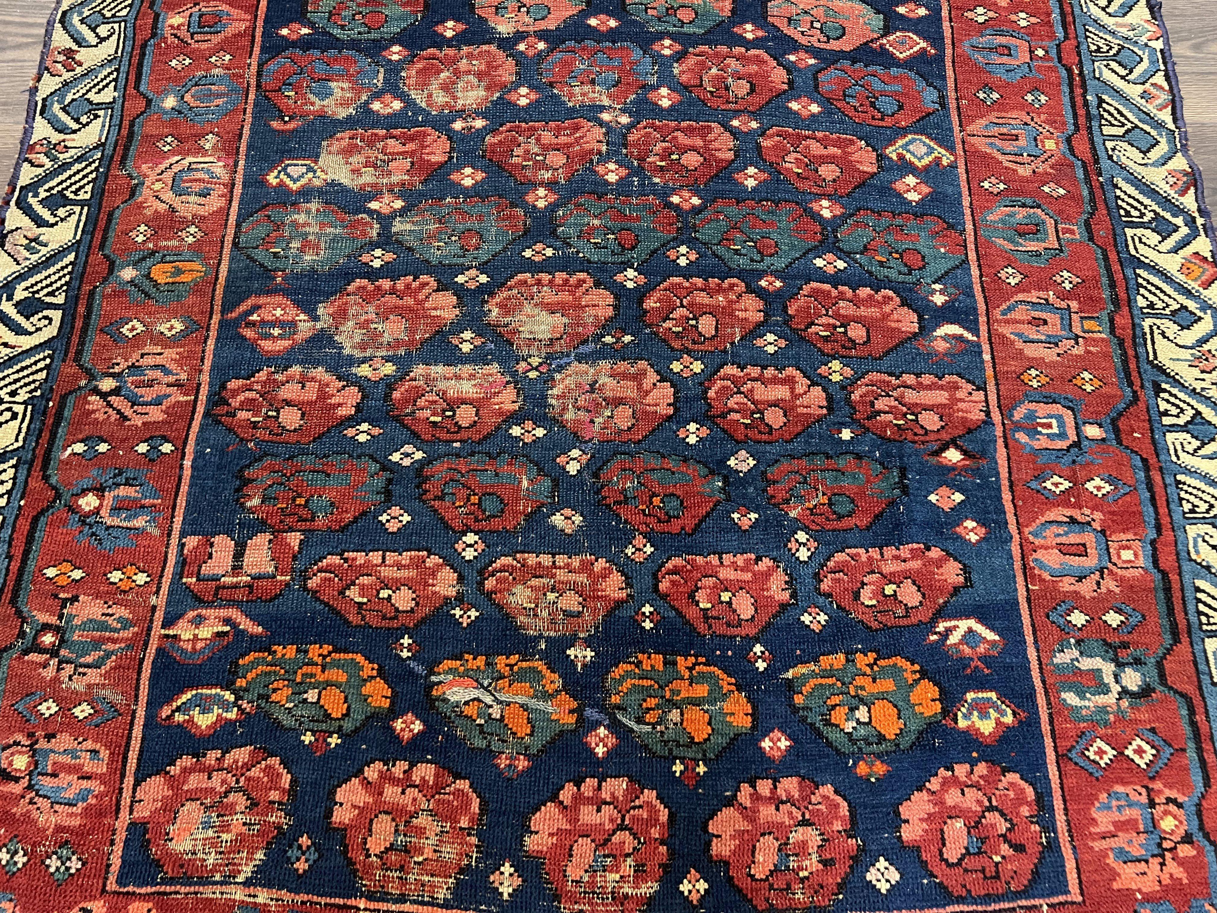 Antique Seychour Rug 4x7, Collectible Kuba Caucasian Carpet, Wool Handmade, Red Navy Blue Cream, Repeated Allover Motif, Early 20th Century