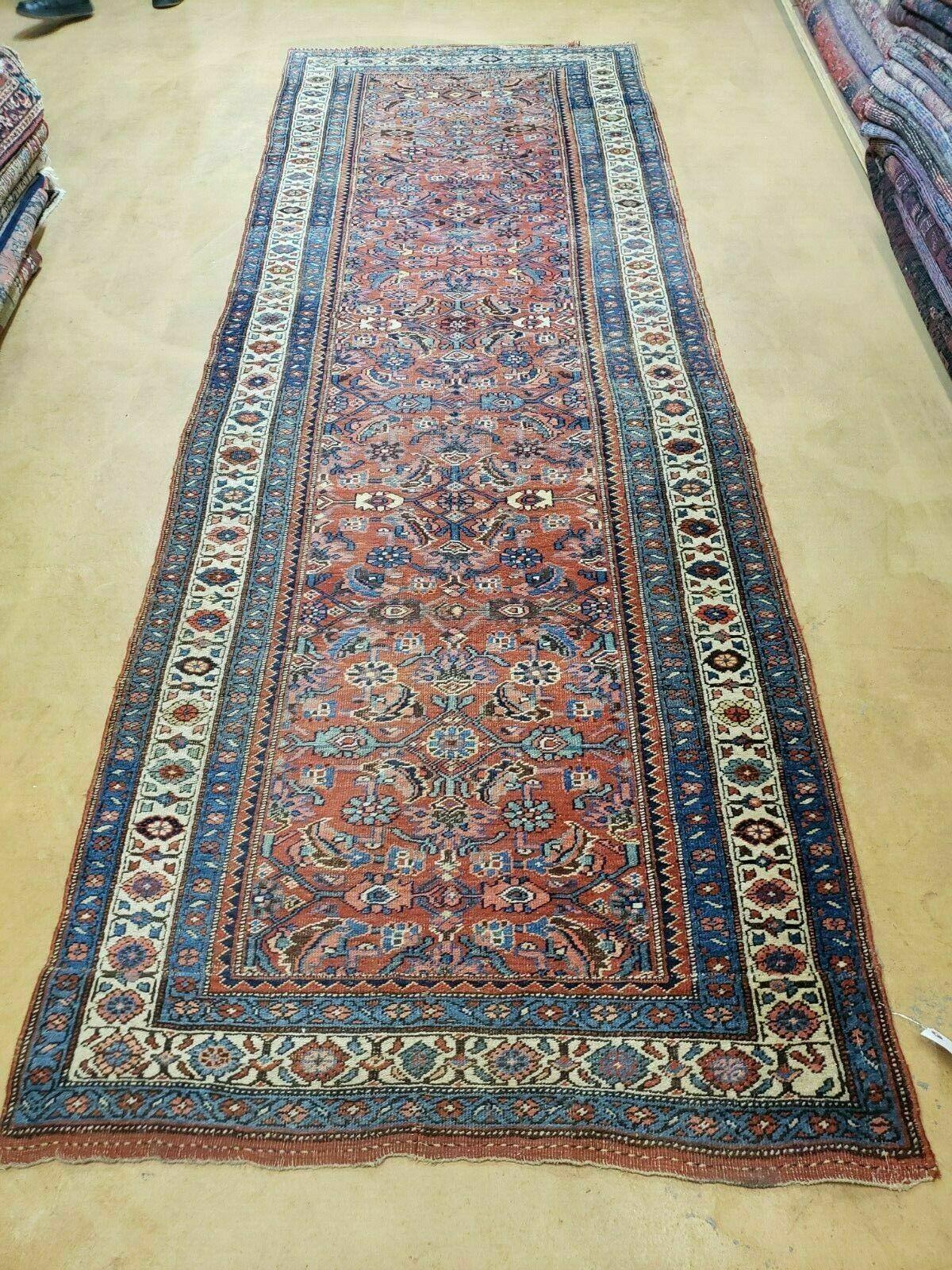 3' 8" X 11' Antique Handmade Turkish Wool Rug Veg Dye Runner Nice Rusted Red