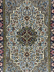 Persian Qum Rug 3x5, Wool with Silk Highlights, Handmade Semi Antique Carpet, Ivory & Navy Blue, Floral Medallion, Finely Hand Knotted