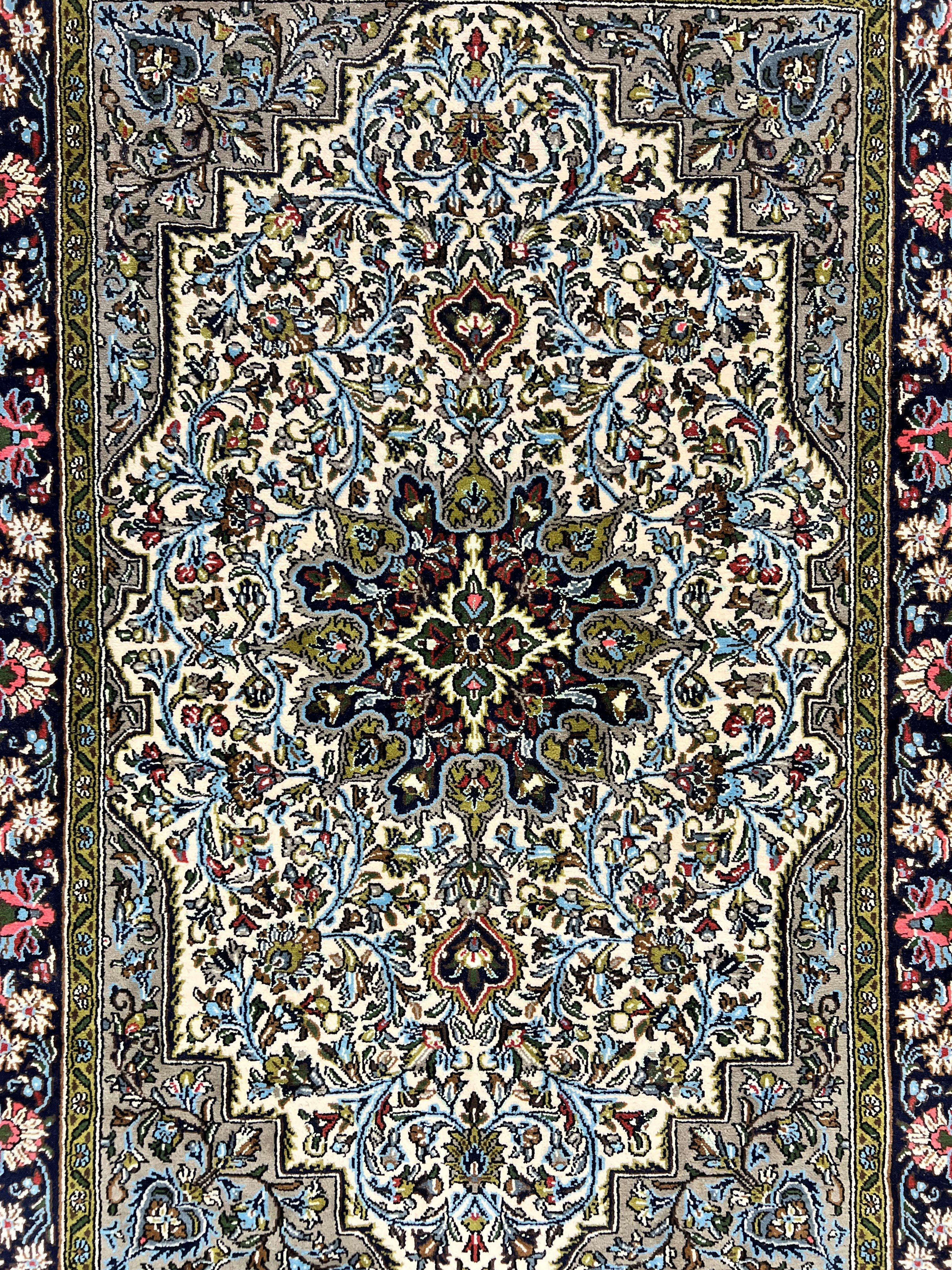 Persian Qum Rug 3x5, Wool with Silk Highlights, Handmade Semi Antique Carpet, Ivory & Navy Blue, Floral Medallion, Finely Hand Knotted