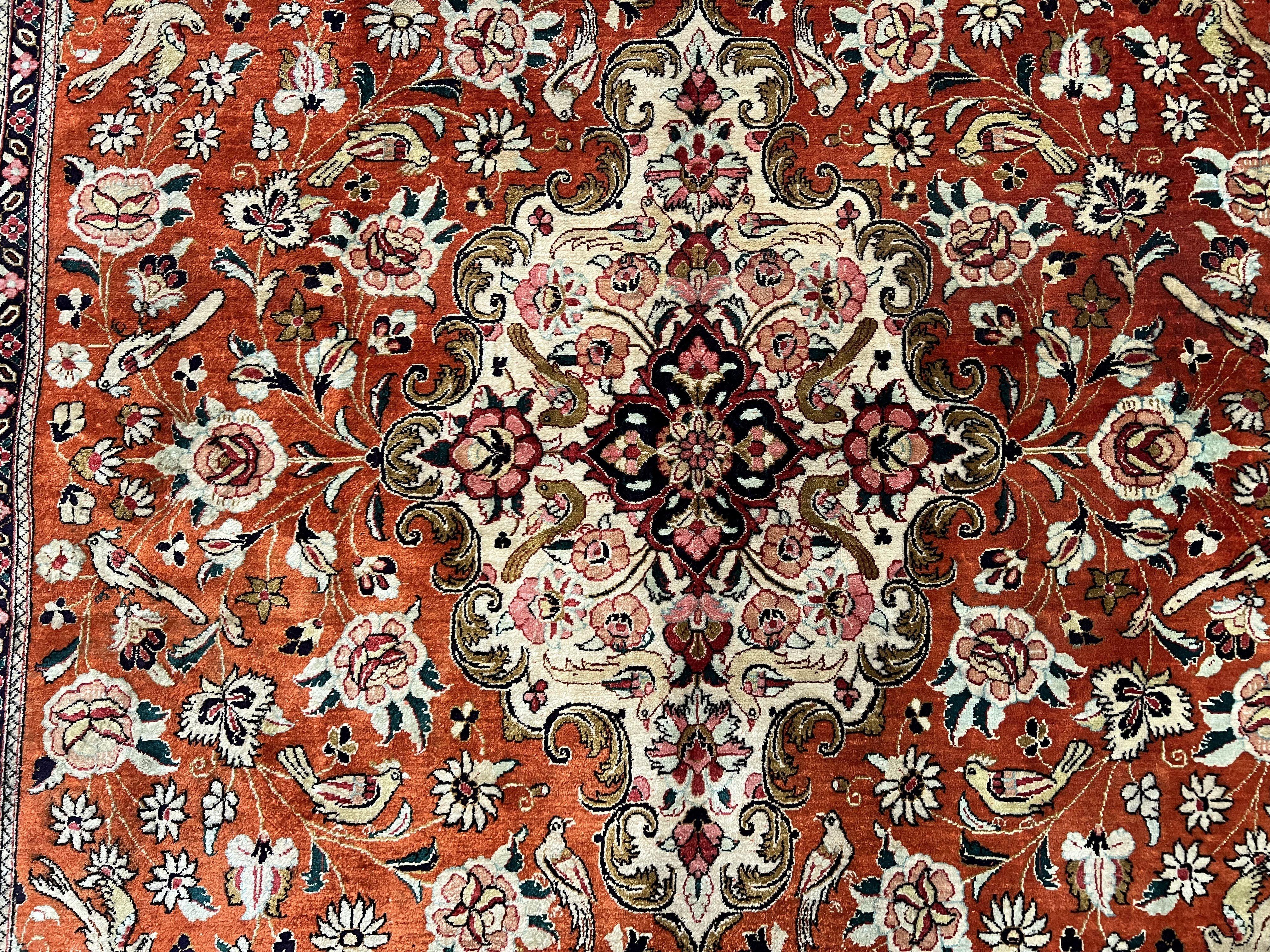 Persian Qum Silk Rug 5x7 - Floral Medallion, Birds, Orange-Red