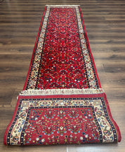 Indo Persian Sarouk Runner Rug 3 x 12, Red and Cream, Allover Pattern, 12ft Runner, Hand Knotted