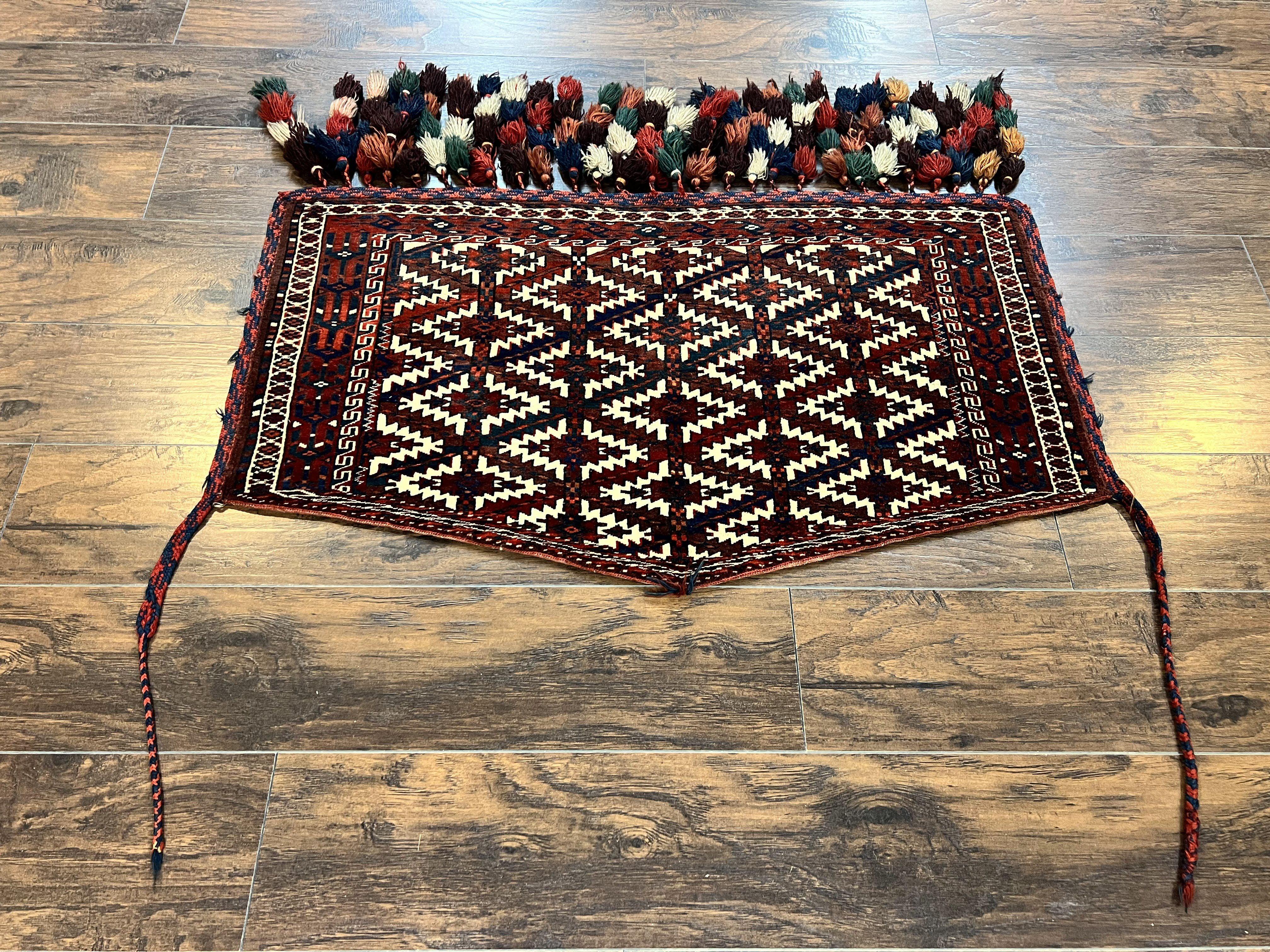 Antique Turkoman Camel Trapping, Turkoman Asmalyk, Red Black Ivory, Handmade, Hand Knotted Tribal Collectible Rug, Rare