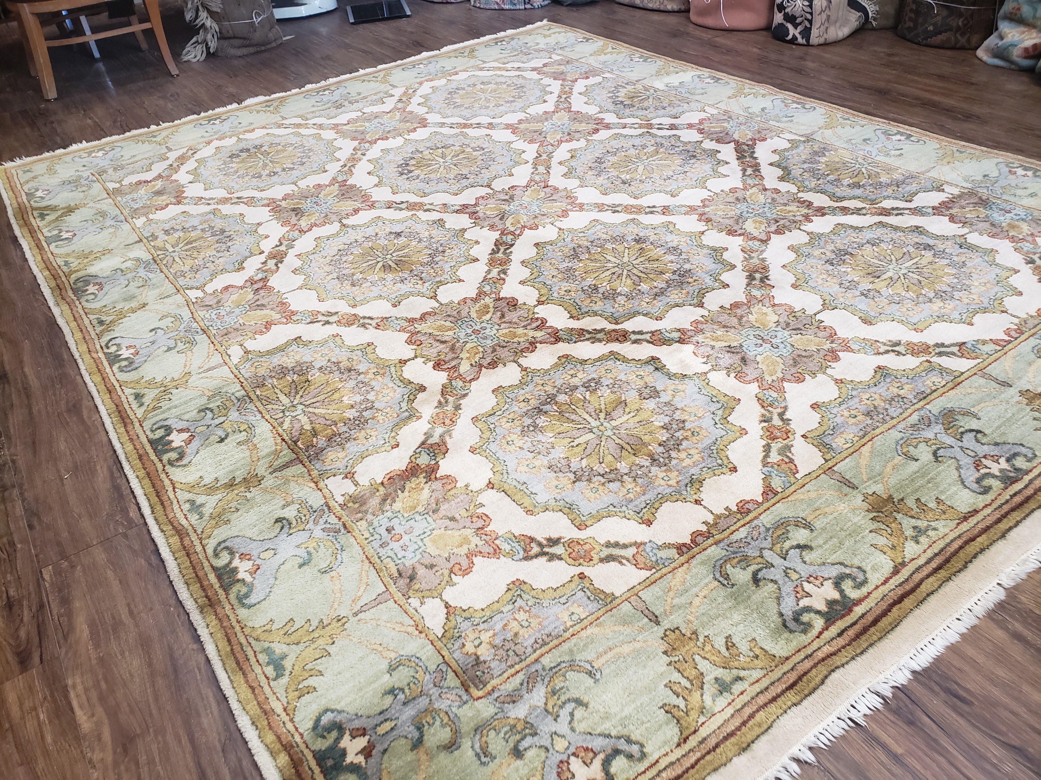 Indo Sultanabad Area Rug 8 x 9.5, Wool Hand-Knotted Ivory Green Teal Decorative Rug, Floral Panel Carpet, Indian Rug, 8 x 10 Bedroom Rug