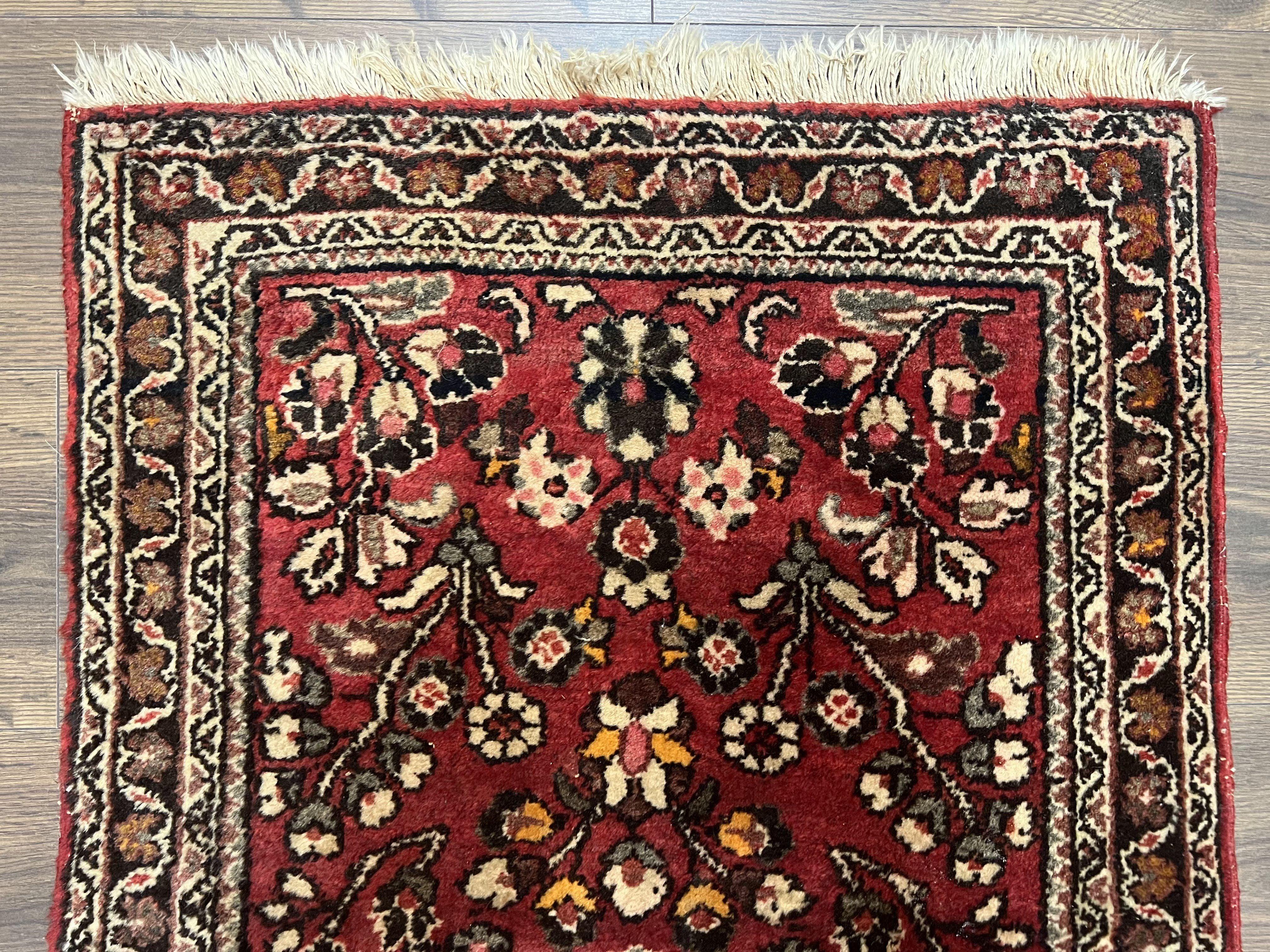 Small Persian Sarouk Rug 2x4 ft, Allover Floral Pattern, Red Black Cream, Hand Knotted Wool Traditional Oriental Carpet, Antique Persian Rug 2 x 4