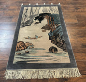 Chinese Silk Wall Hanging 3x5, Handmade, River and Boat Scene, Rug Tapestry