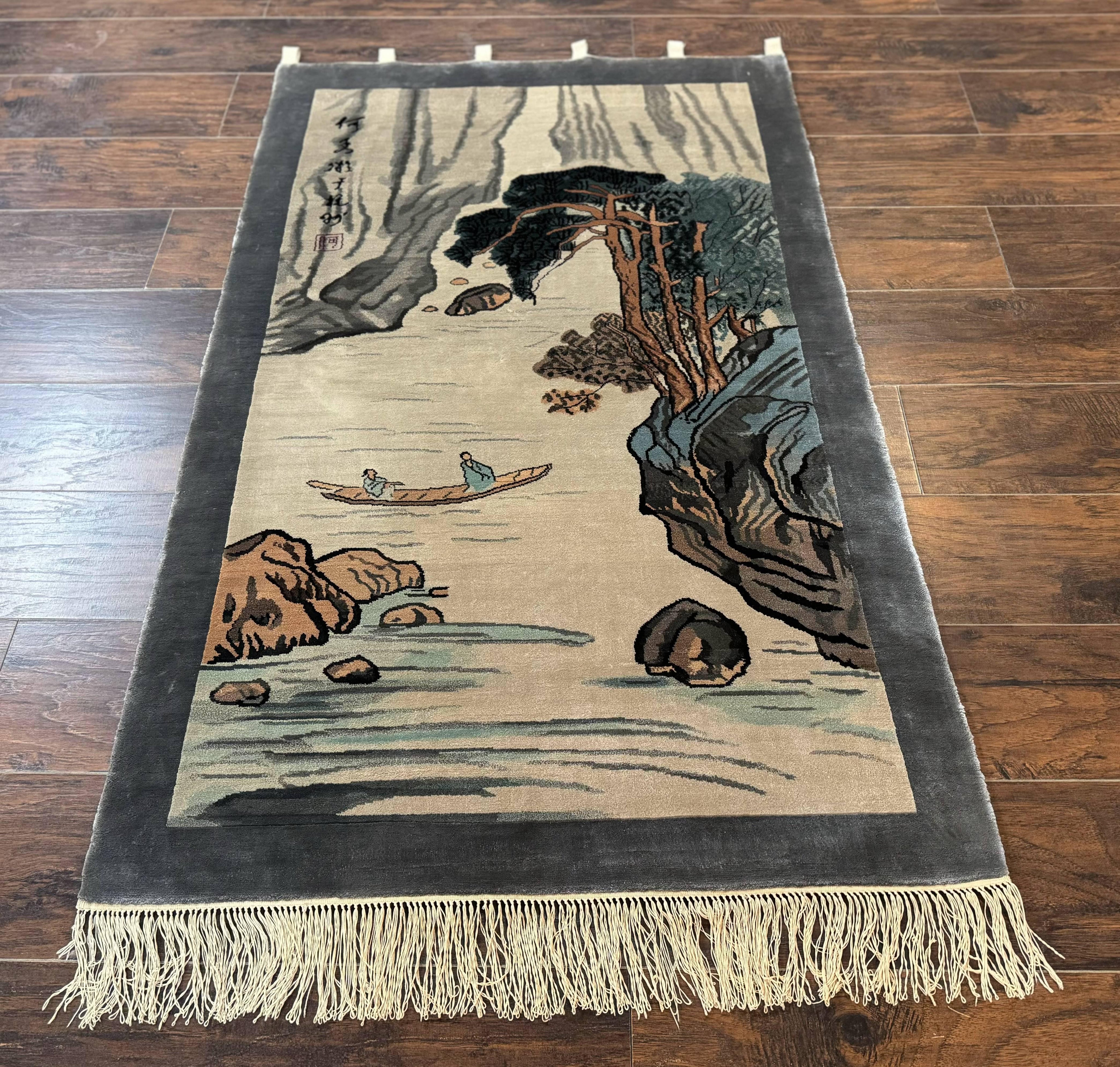 Chinese Silk Wall Hanging 3x5, Handmade, River and Boat Scene, Rug Tapestry