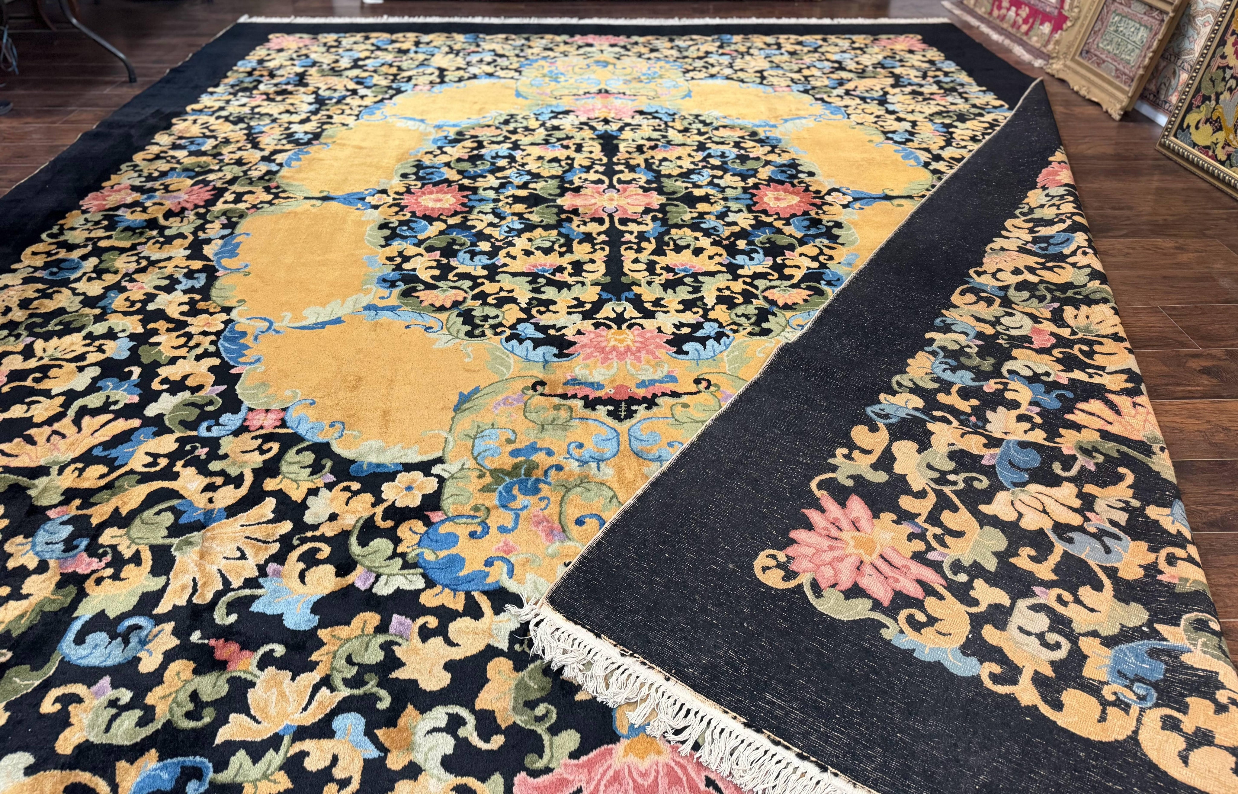 Antique Chinese Peking Rug 12.6 x 14.9, Palace Size Asian Oriental Carpet, Art Deco Rug, Rare