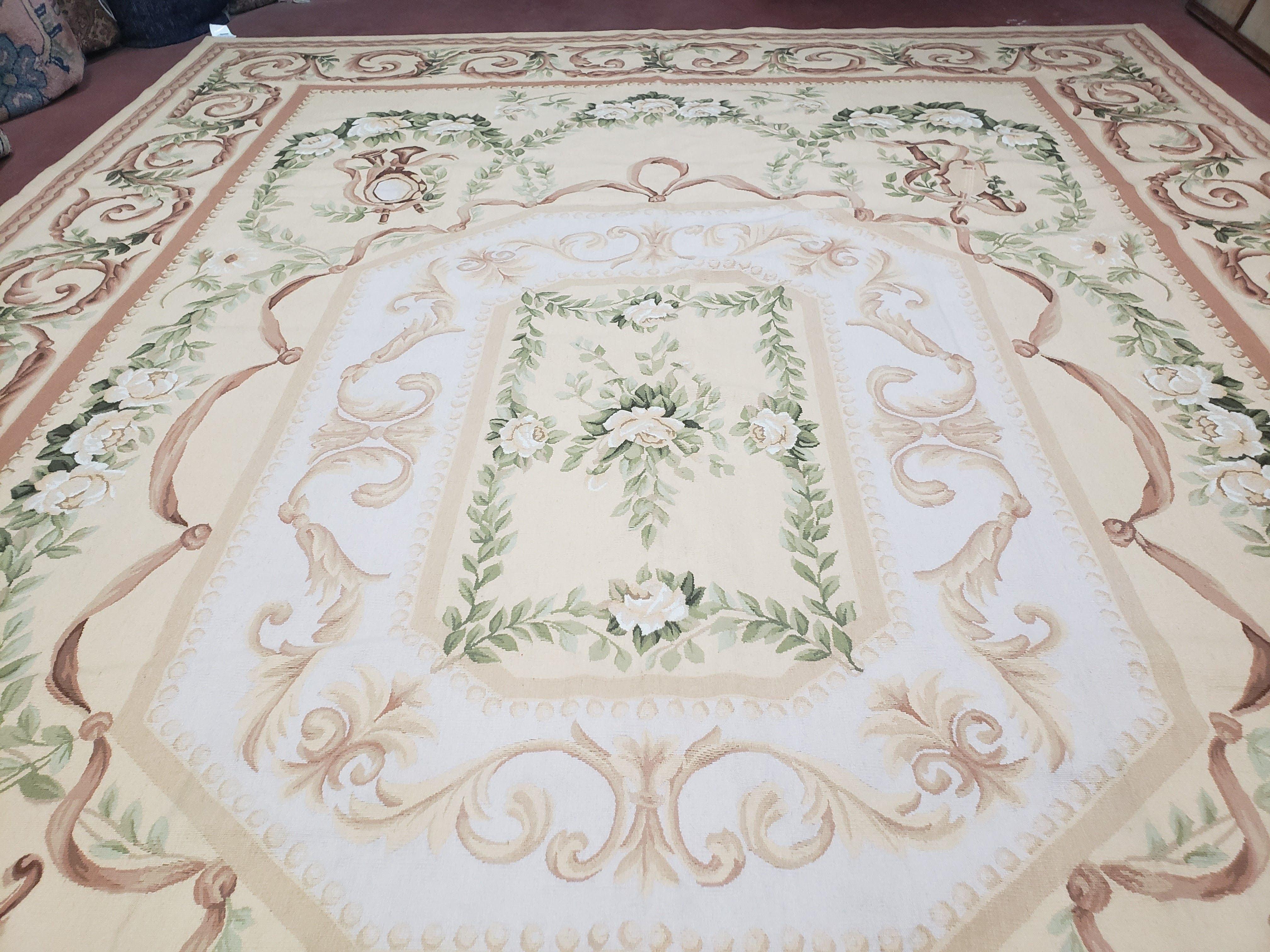 Elegant Aubusson Rug 10 x 14, Cream and Ivory Simple Aubusson Floral Carpet, Hand-Woven, European, New Aubusson Rug, Wool Area Rug, Violins