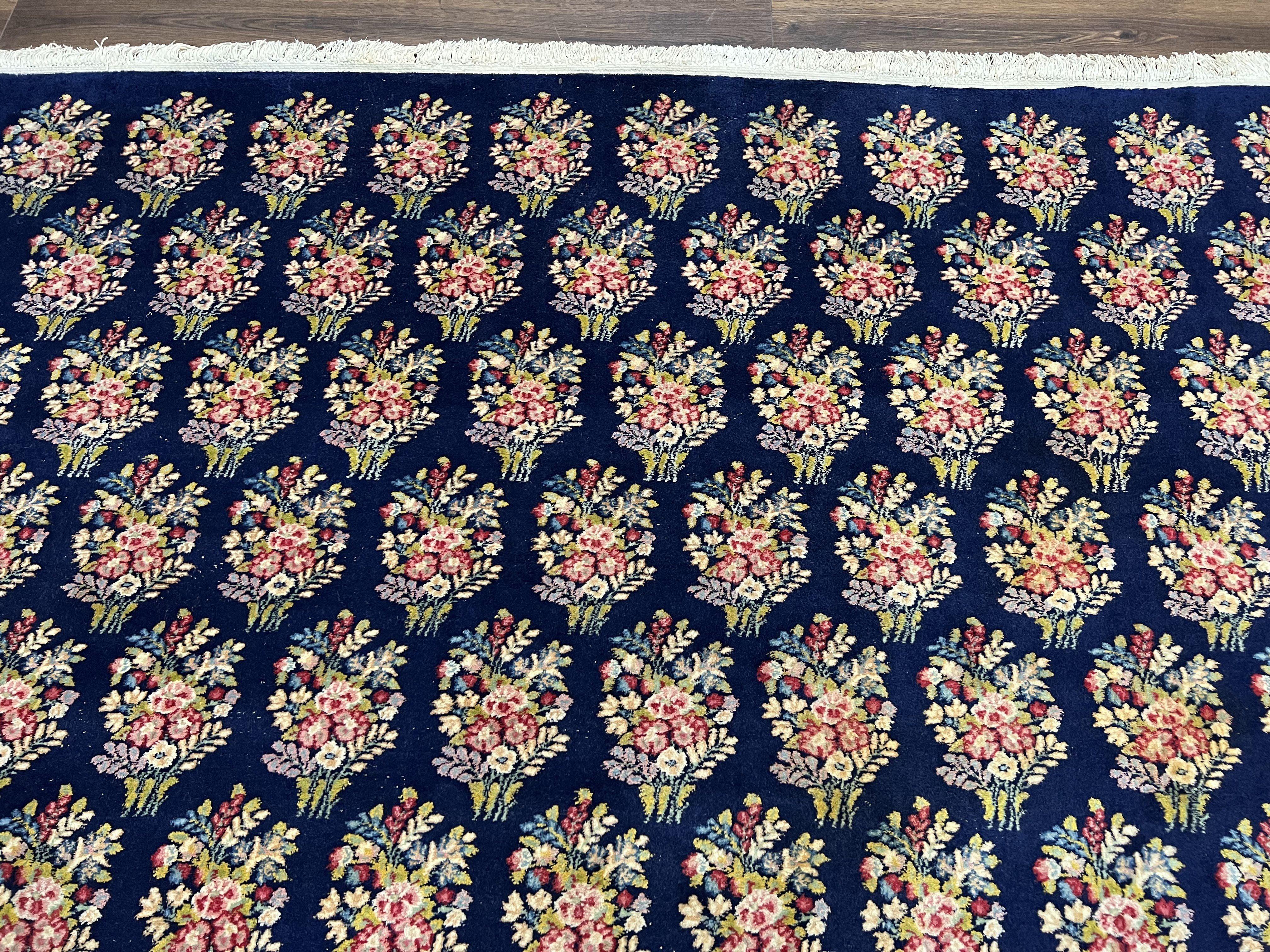 Persian Rug 9x12, Authentic Hand Knotted Carpet, Repeated Floral Motif Garden of Eden, Navy Blue Wool Rug 9 x 12, Semi Antique Kirman Rug