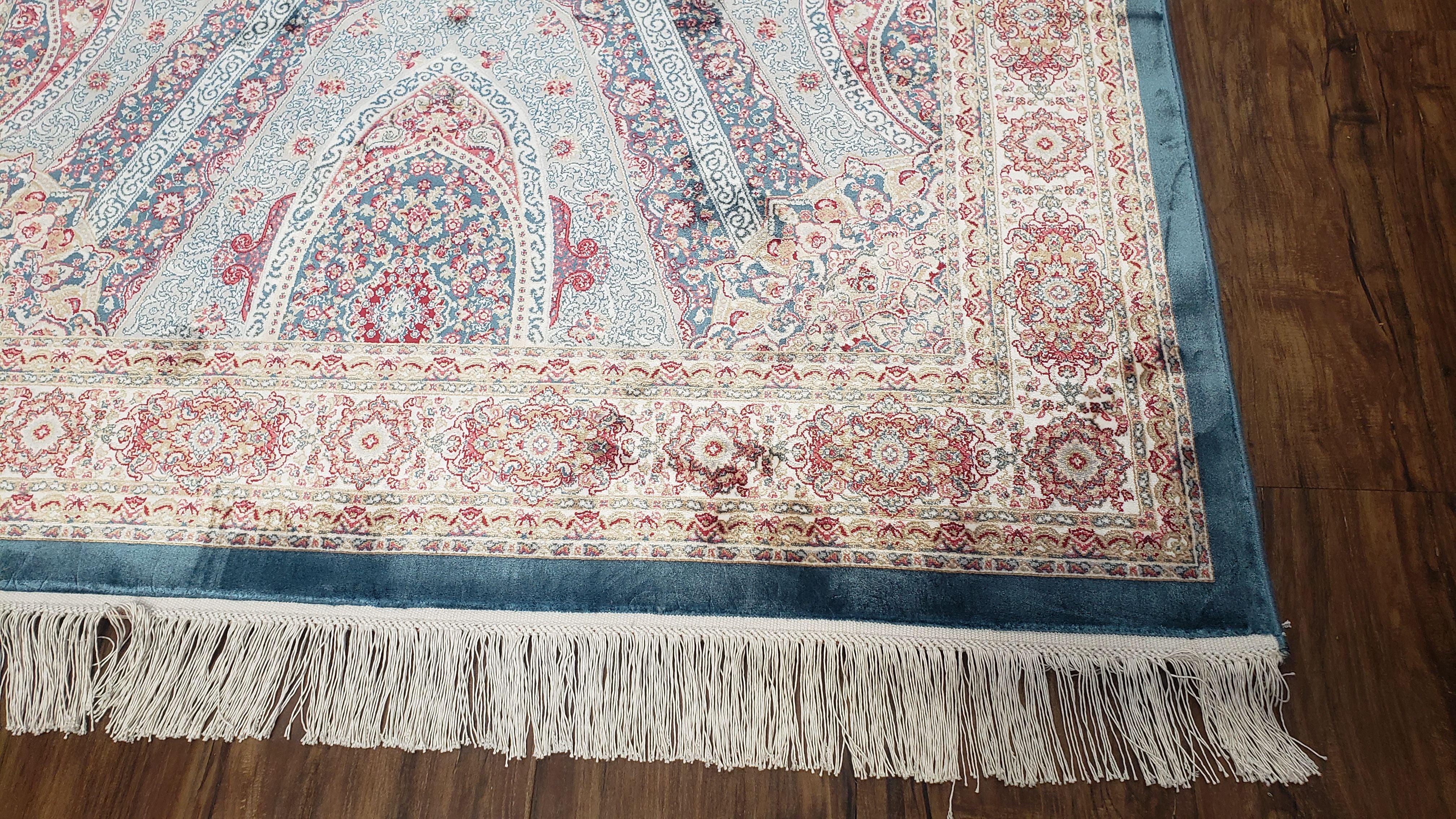4x6 Silk Carpet, Light Blue & Beige Oriental Rug 4 x 6ft, Traditional Design Medallion All Over, Bamboo Silk, Super Fine, High Quality, Soft